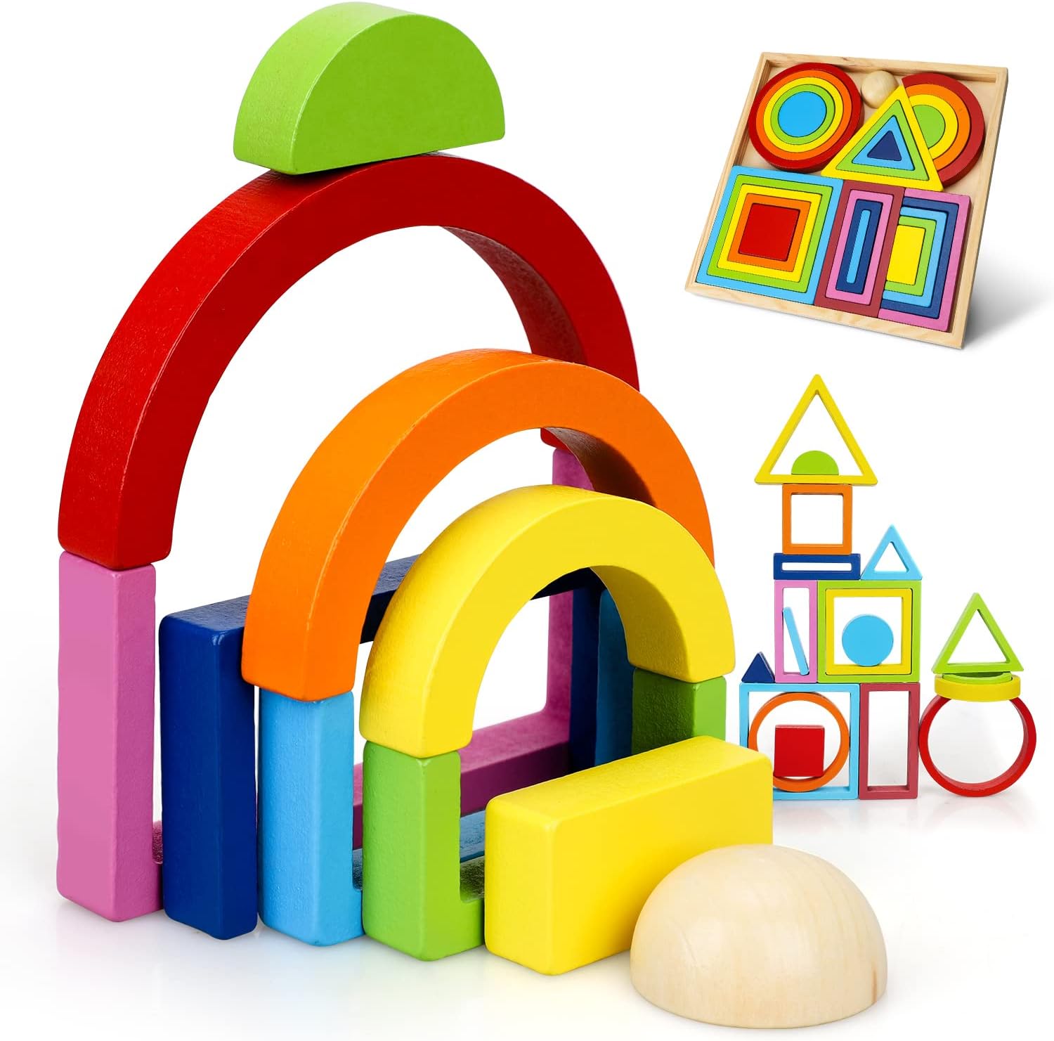 Fidtoy Wooden Rainbow Stacking Block Set for Toddlers 1-5