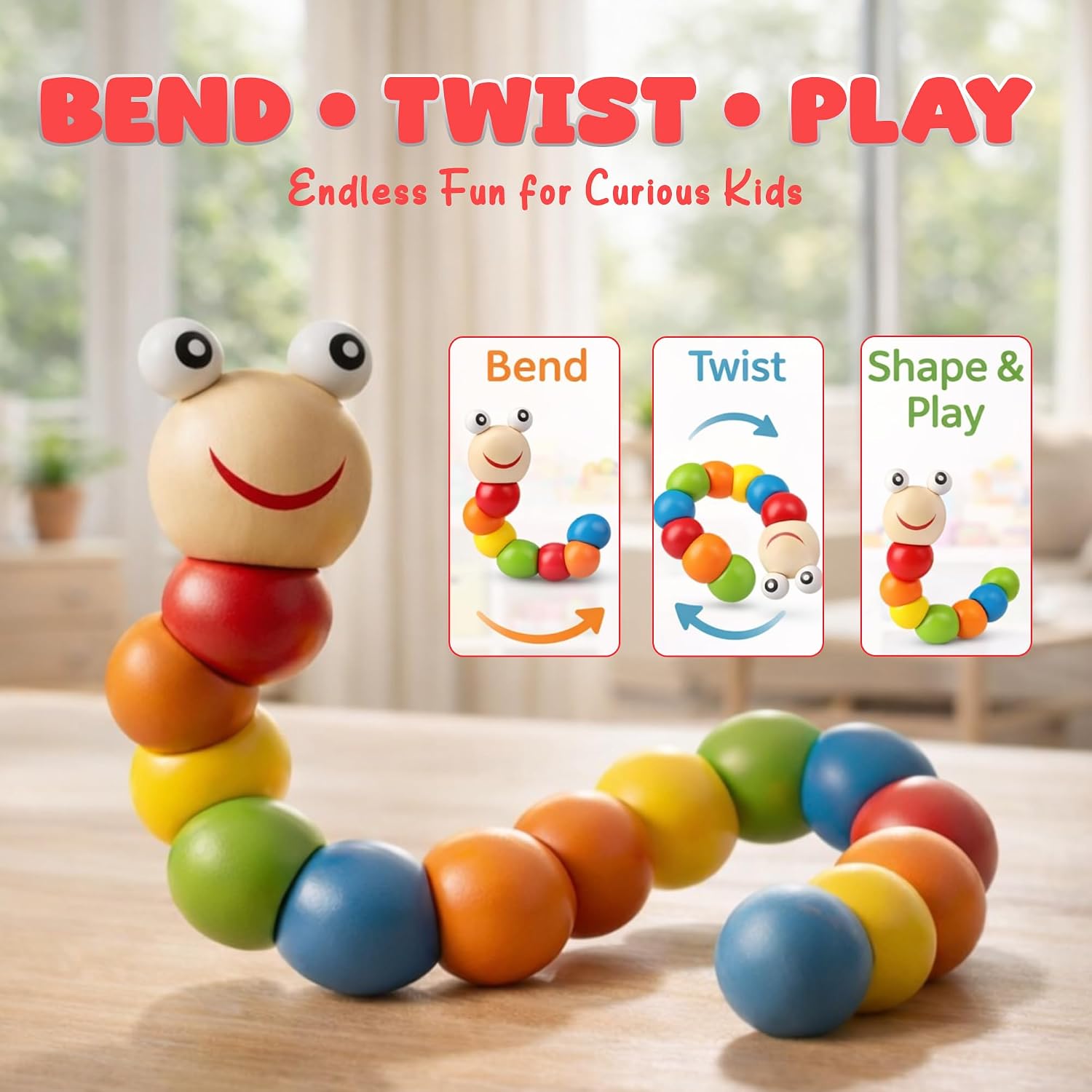 Fidtoy Wooden Colorful Movable Caterpillar Rattle for Toddlers | Montessori Twisting Caterpillar Toy, Fine Motor Skills, Sensory Play & Hand-Eye Coordination Toy Age 12M+