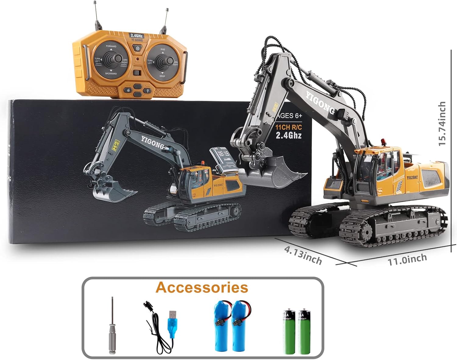 Fidtoy RC Excavator Toy Remote Control Construction Truck 11 Channel Digger with Metal Shovel Lights Sound STEM Toy for Kids Outdoor Play