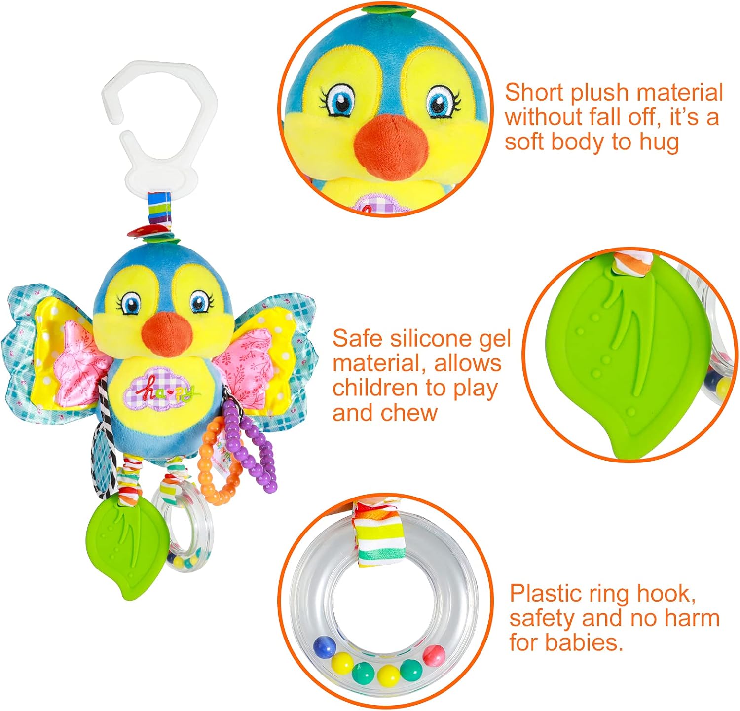 Fidtoy Baby Hanging Sensory Toy for Stroller Crib and Car Seat – Plush Rattle Teether Activity Toy