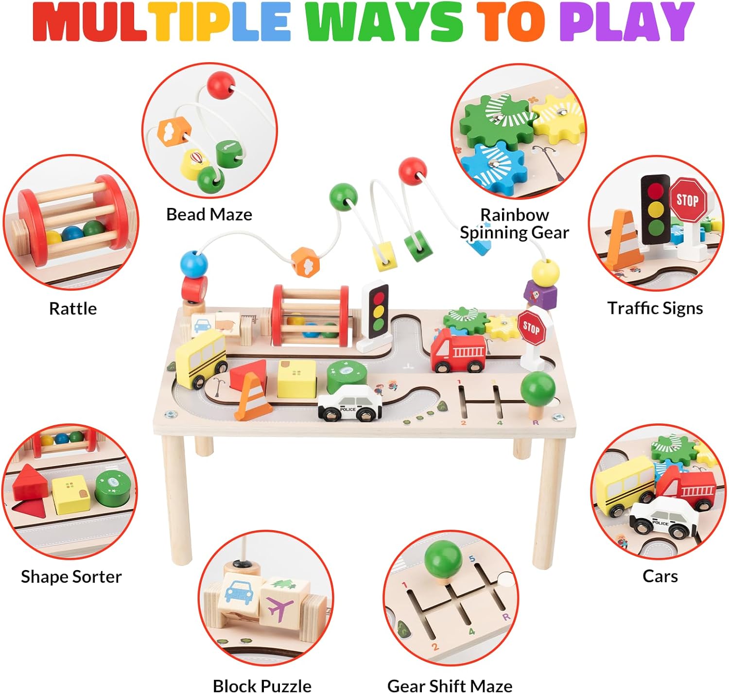 Activity Table for 1+ Year Old, Montessori Wooden Toys for Toddlers 1-3, 8 in 1 Baby Activity Table, Educational Sensory Bead Maze Toys for Babies, Learning Shape Sorter, Birthday Gifts Girls Boys