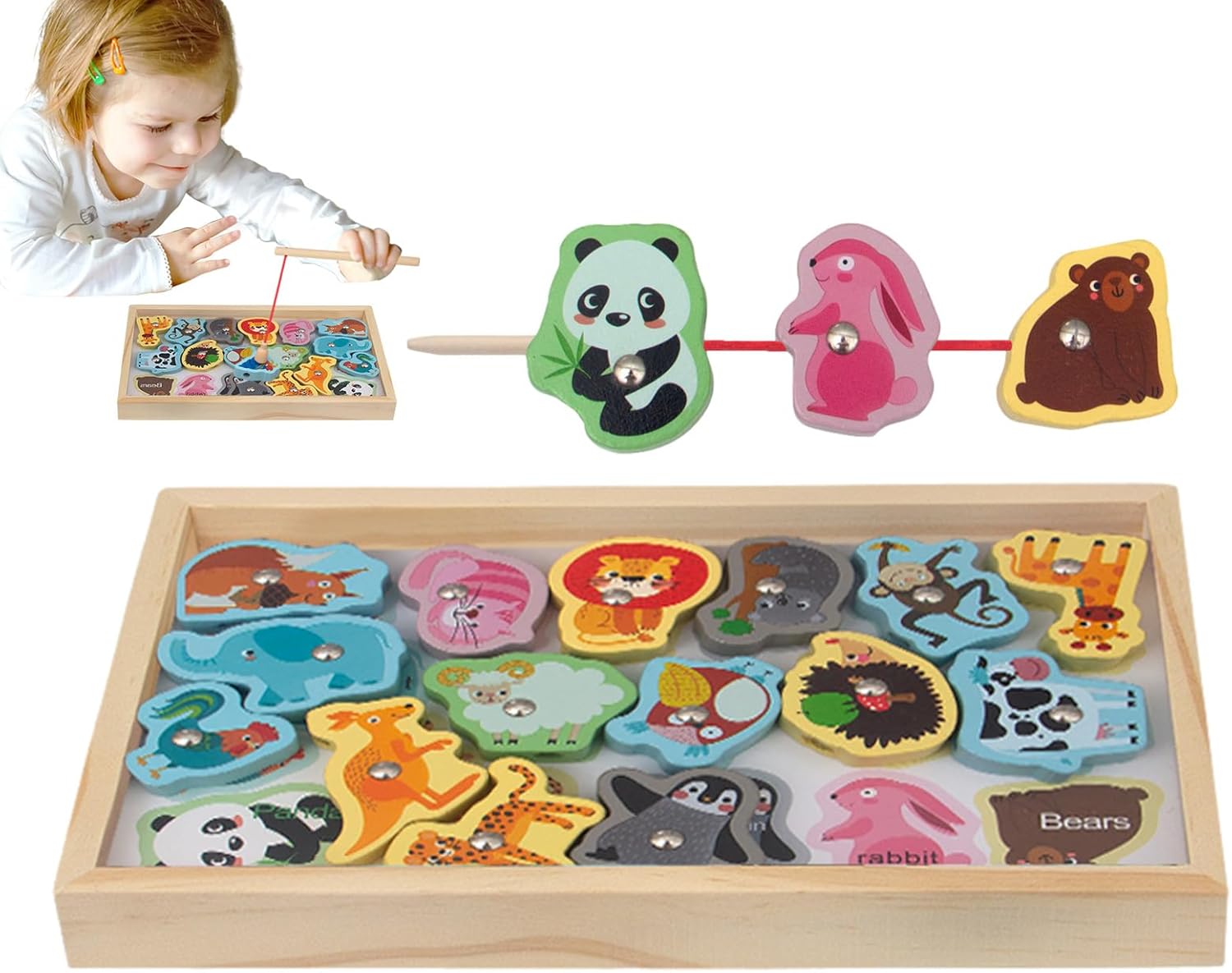 Wooden Fishing Game Toys,Safe and Harmless Magnetic 2-in-1 Fishing Game - Montessori Fishing Game No Sharp Edge Birthday Christmas Gift for Boys Girls Hiyoyo