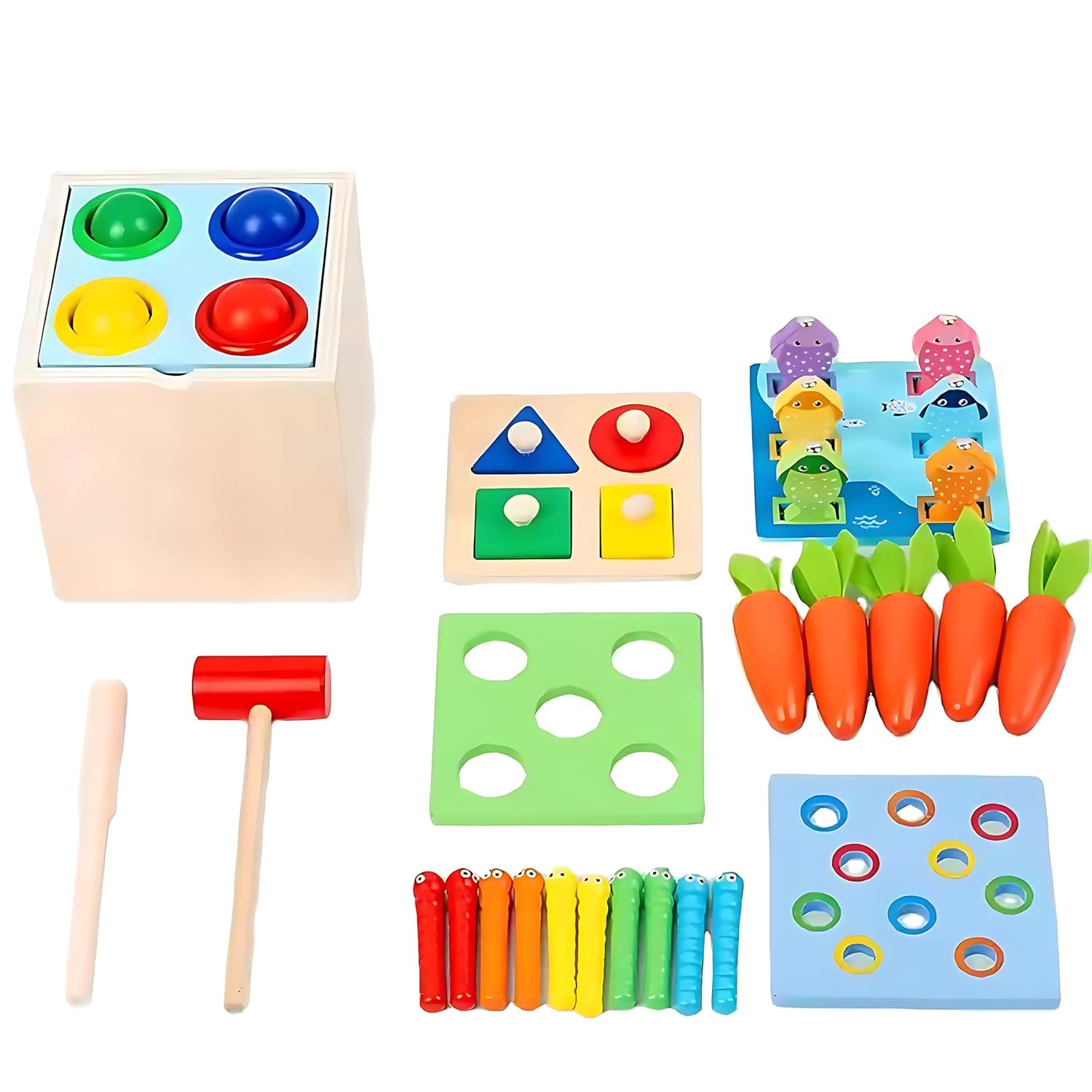 Fidtoy Montessori Wooden 5-in-1 Activity Toy – Shape Sorting, Hammer Ball, Fishing & Fine Motor Learning Set