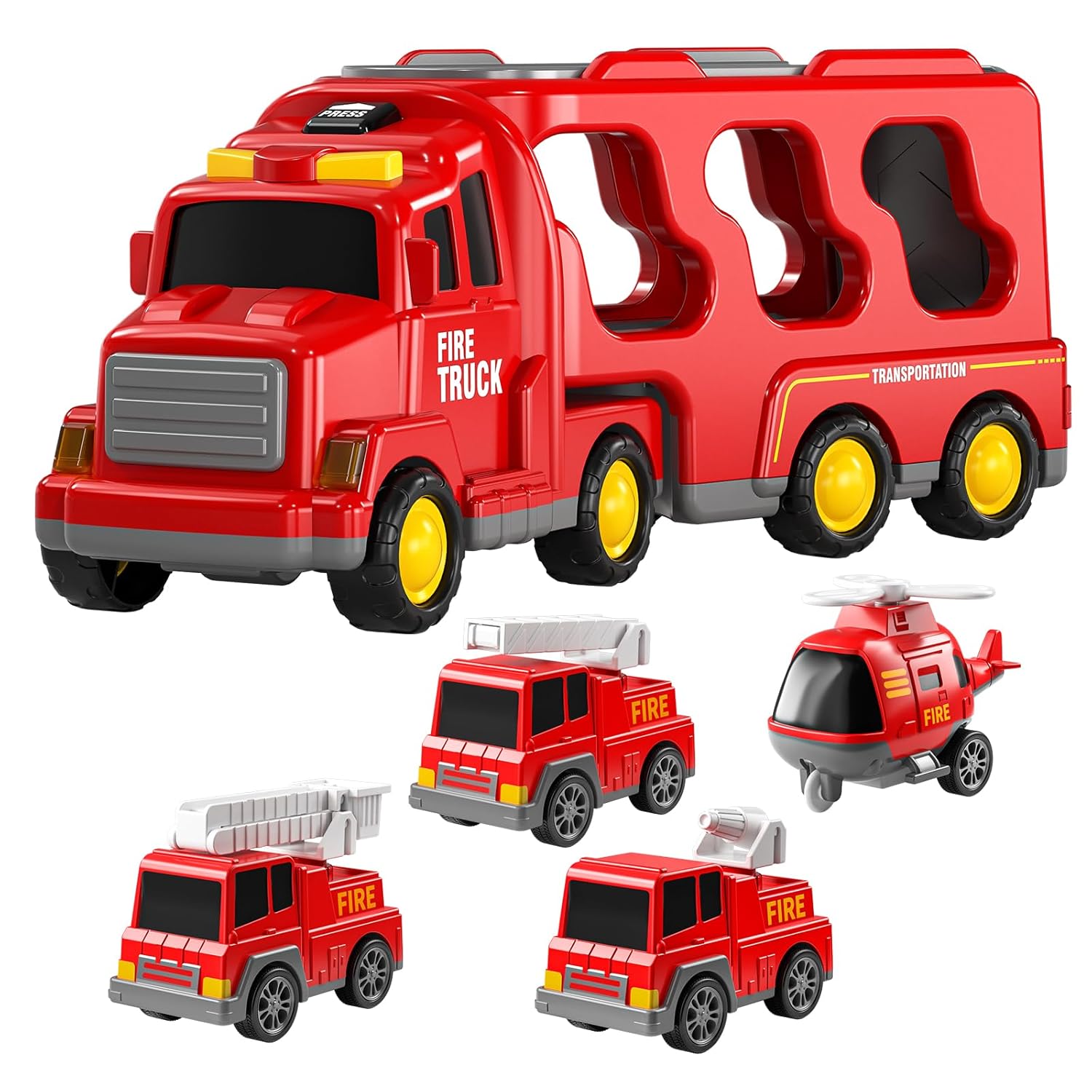 Fidtoy 5-in-1 Fire Truck Carrier Playset for Kids with Helicopter Ladder Truck Lights and Sounds