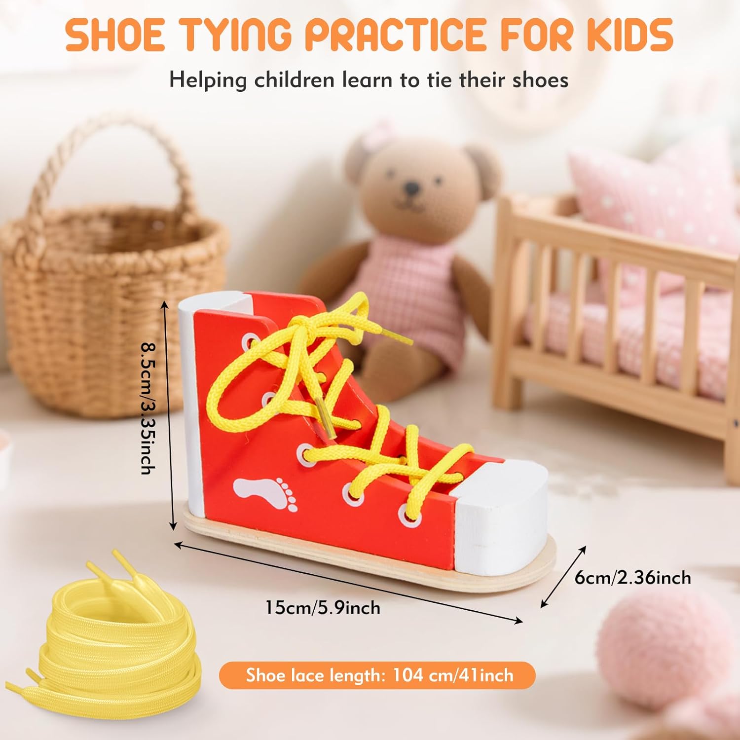 Shoe Tying Practice for Kids, Red Shoe Tie Practice for Kids Threading Lacing Shoes Training, Wooden Learn to Tie Shoes Basic-Life-Skills