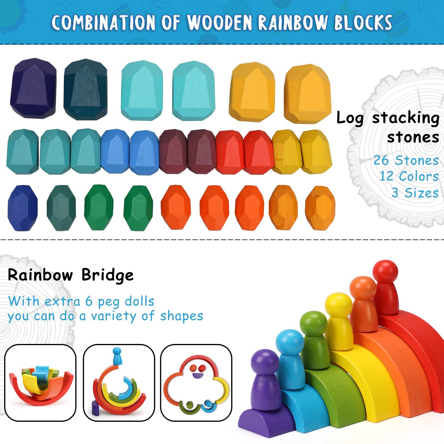 Fidtoy Juego de juguetes de madera apilables con arcoíris para bebés y niños pequeños