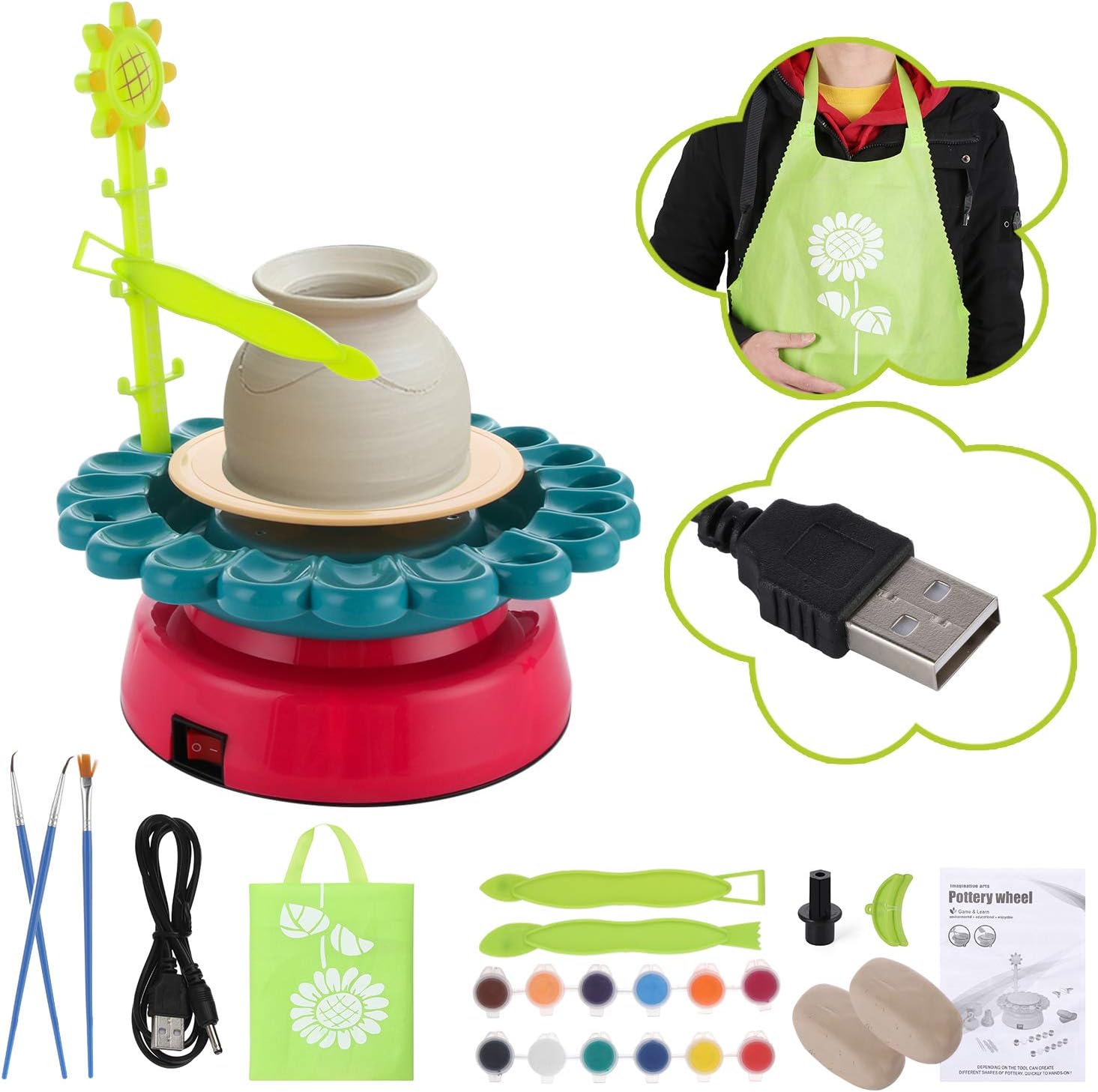Fidtoy Electric Pottery Wheel Kit for Kids with Clay and Paints