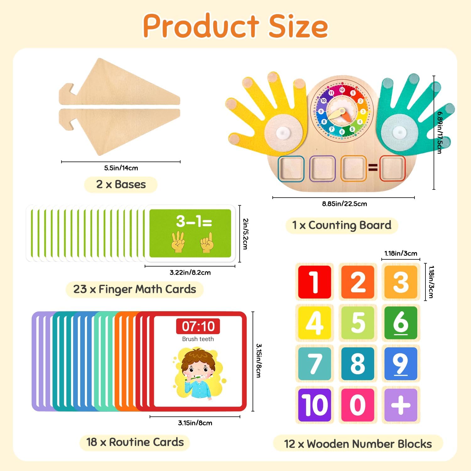 Montessori Math & Clock Learning Toy for Kids Ages 3-5, Wooden Educational Toy with Number Blocks, Counting Hands & Routine Cards – Learn Addition