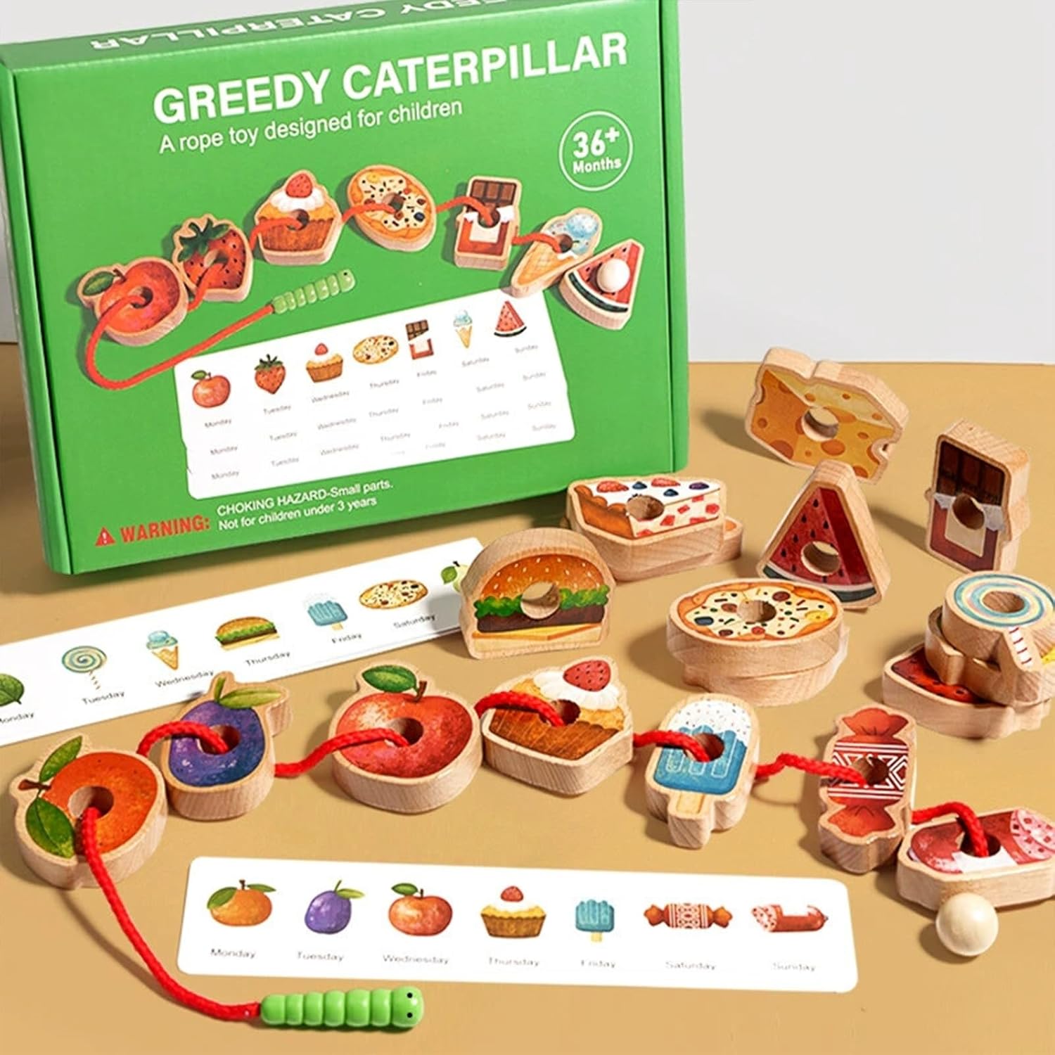 Wooden Greedy Caterpillar Rope Toy, Educational String Beaded Toys, Fruit & Vegetable Caterpillar Lacing Bead String Game, Montessori Fine Motor Skills Farm Toys for 3+ Year Old