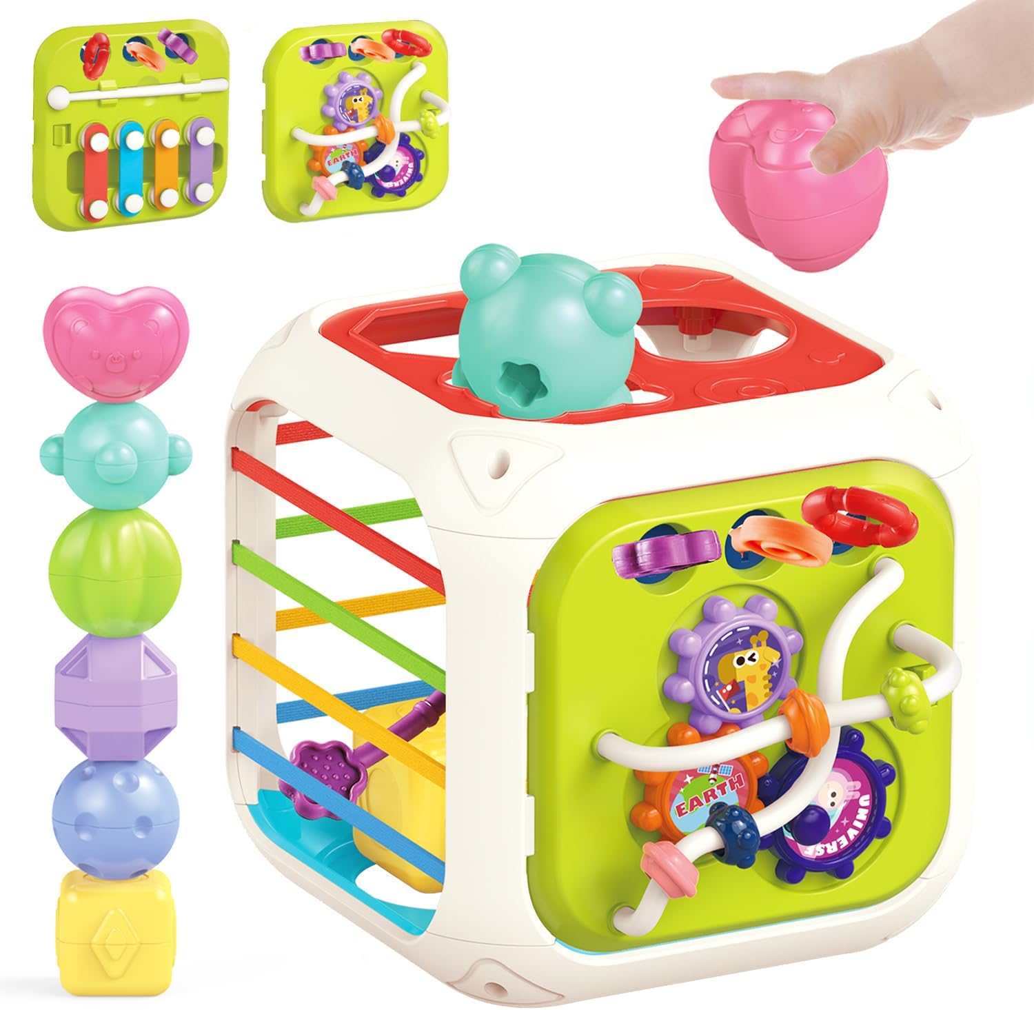 Fidtoy 7-in-1 Montessori Activity Cube for Toddlers – Multifunctional Sensory Learning Cube with Shape Sorter, Xylophone, Gears, Beads, Pull String, and Stacking Blocks