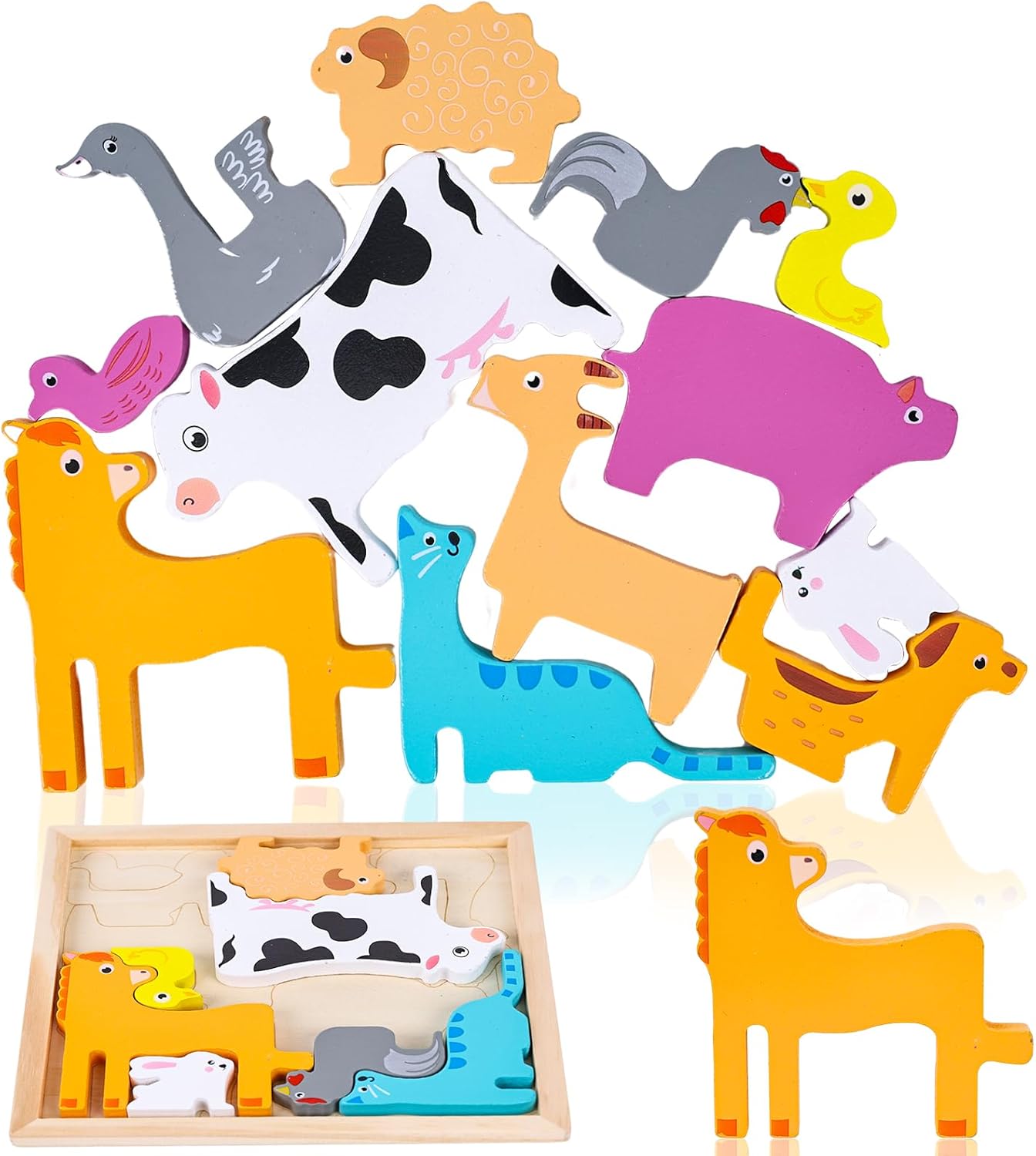 Planche de puzzle 3D Fidtoy à assembler, motif aléatoire, planche de puzzle en bois d'animaux de la ferme, jouet d'apprentissage de la motricité fine et de l'association des chiffres pour enfants
