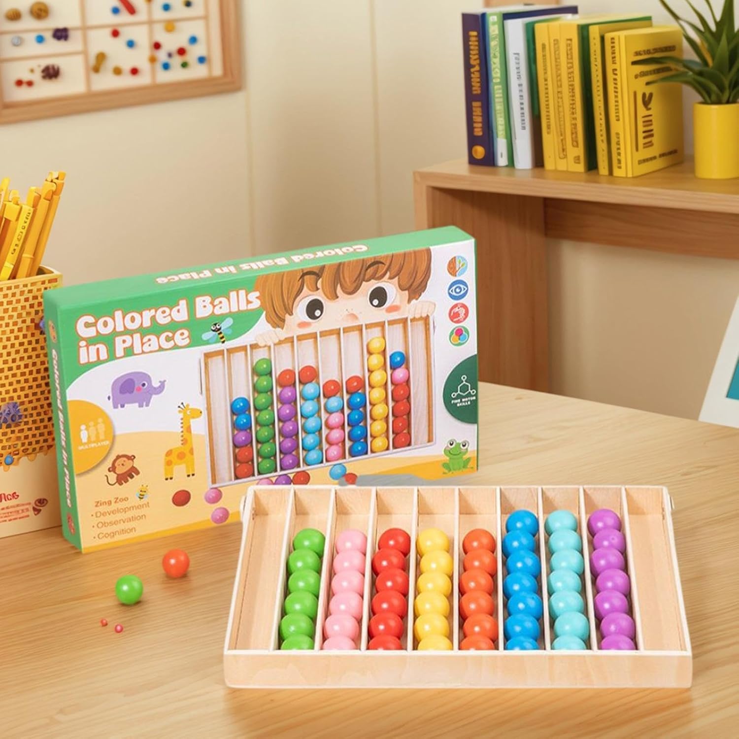 Juguete de clasificación de colores, juguete educativo de madera ClinChild, juego de clasificación de bolas para niños y niñas, aula, educación en el hogar, jardín de infantes, asistente de palo de calcetería de viaje, adecuado para motricidad fina
