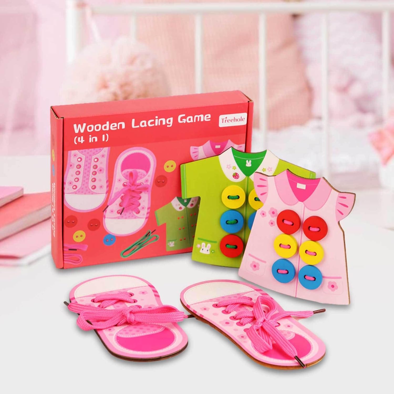 Shoe Tying Practice Toy | 4 in 1 Wooden Lacing Toy | Hand Eye Coordination Threading Toy, Educational Preschool, Girls, Kids