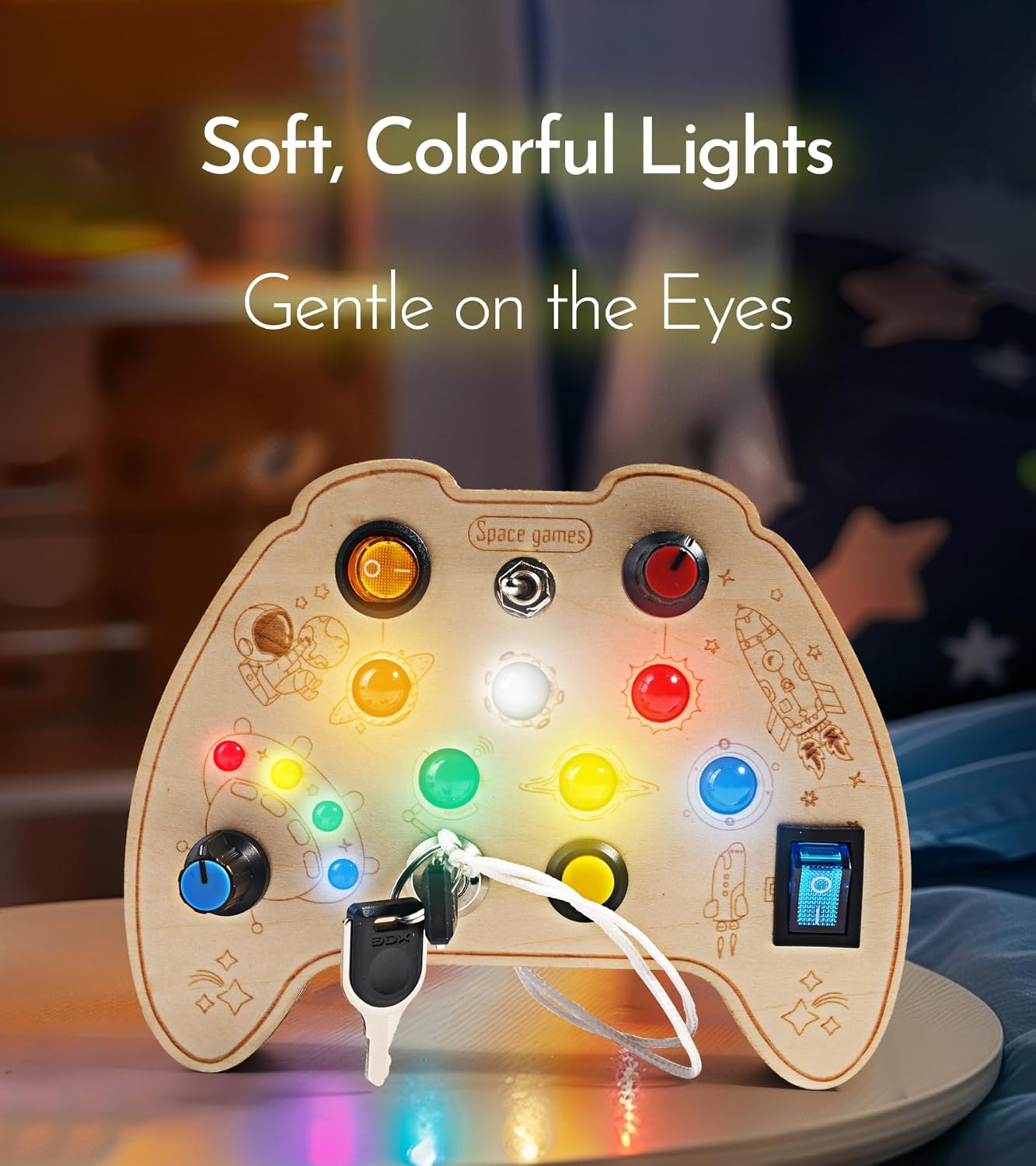 KidMigo Montessori Wooden Busy Board Toy with LED Light Switch, Key Switches for Motor Skills, Sensory Toys for 2-5 Years and Up