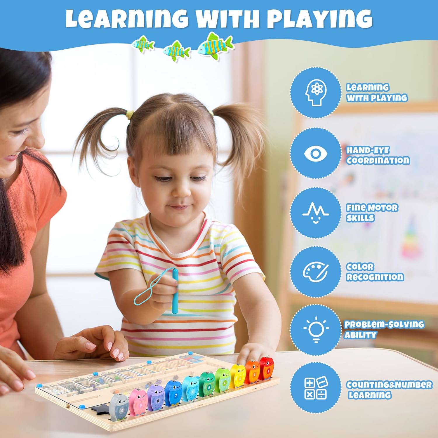 3 in 1 Magnetic Color and Number Maze, Montessori Toys Wooden Puzzle Activity Board, Learning Educational Counting Matching Toys,Toddler Fine Motor Skills Toys for Boys Girls 3 4 5 Years Old