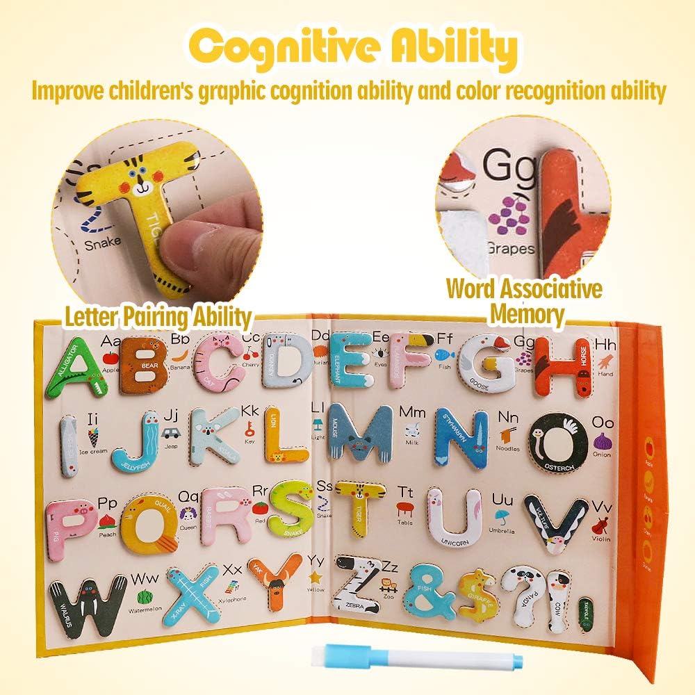 JCREN Jumbo Magnetic Animails Alphabet Uppercase Letters with Drawing Board,Fridge Wooden Magnets Sticks,ABCs, Early Letter Recognition,Learning Spelling Refrigerator for Toddler Kids Boy Girl