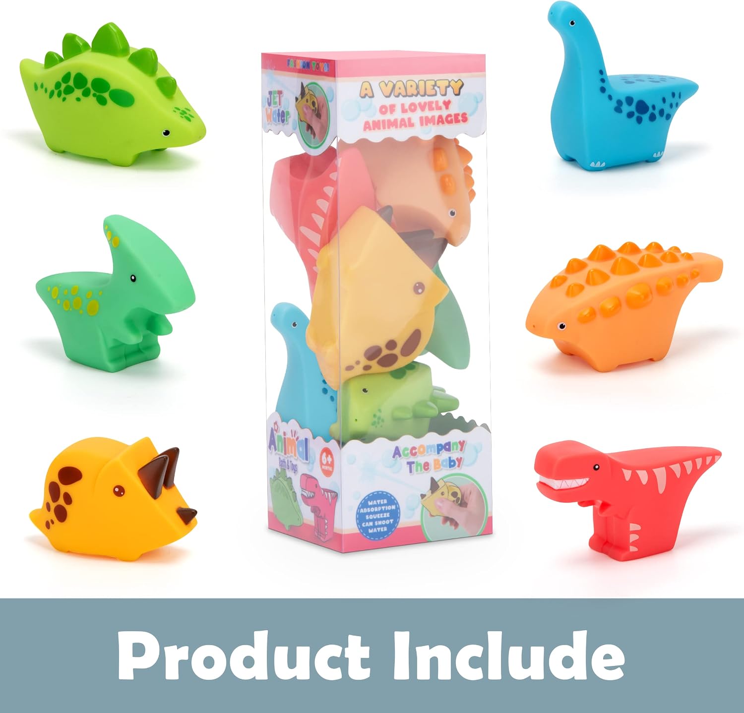 Fidtoy Soft Water Sprinkler Bath Sensory Toy 6 Pieces, Dinosaur Bath Toys for Baby and Toddler Water Play, Rubber Squeeze Floating Spray Toys for Bathtub, Grass and Beach Play