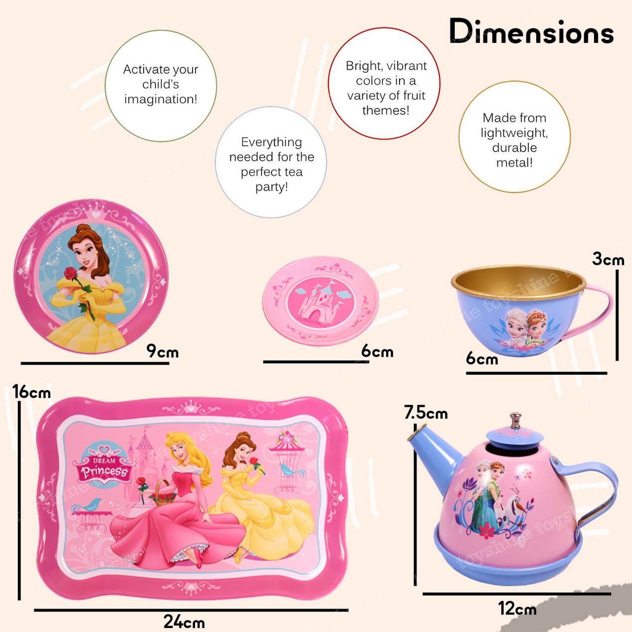 Fidtoy Metal Tea Party Set for Kids Pink Pretend Play Kitchen Tea Set with Teapot Cups Saucers and Tray
