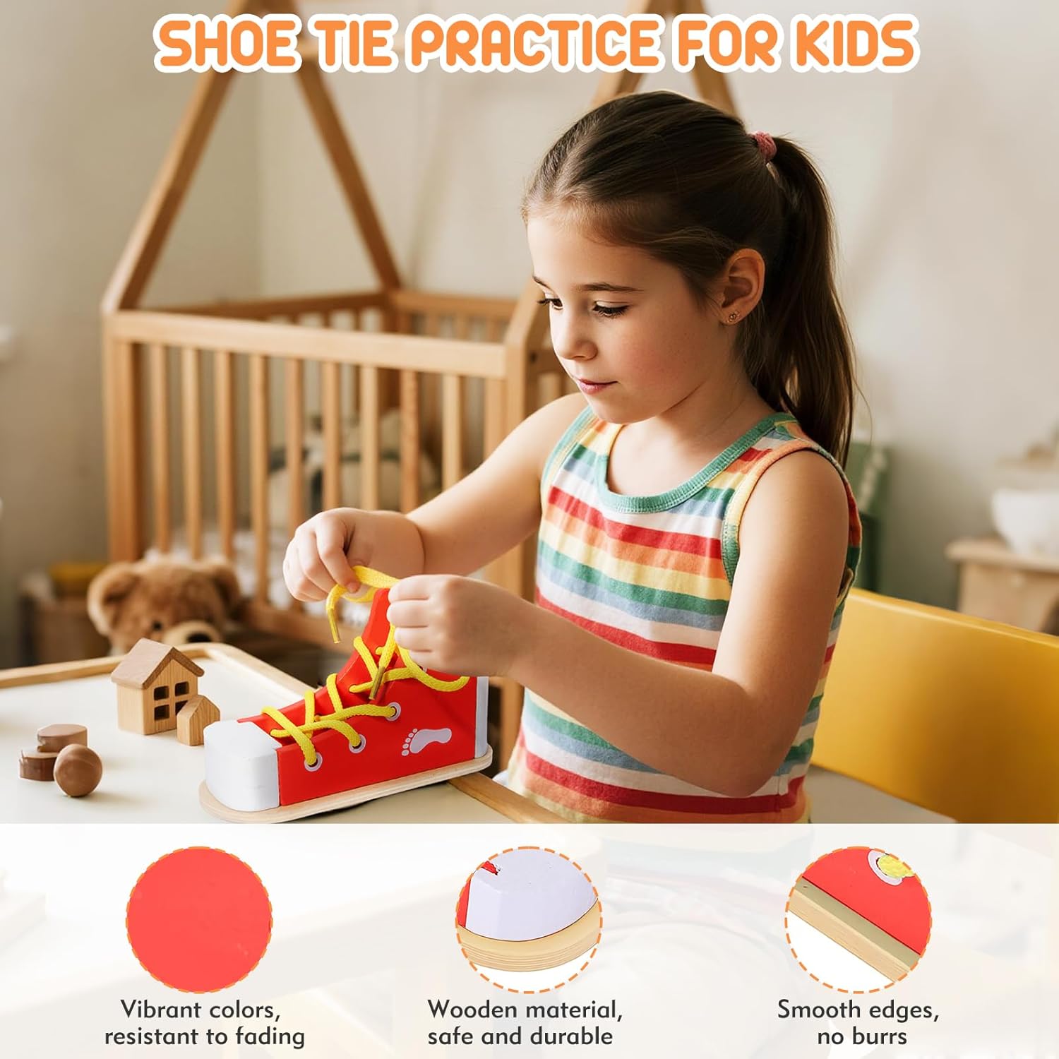 Shoe Tying Practice for Kids, Red Shoe Tie Practice for Kids Threading Lacing Shoes Training, Wooden Learn to Tie Shoes Basic-Life-Skills