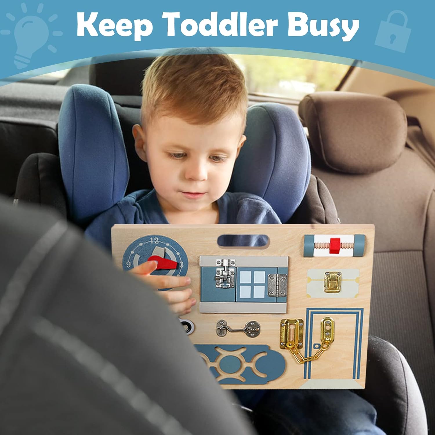 Smartwo Double-Sided Montessori Busy Board for Toddlers 3-5, Train Babies Fine Motor Skills, Toddler Boy Toy of Sensory Activity Board, Wooden Busy Board for 3+ Year Old Kids Birthday Gift