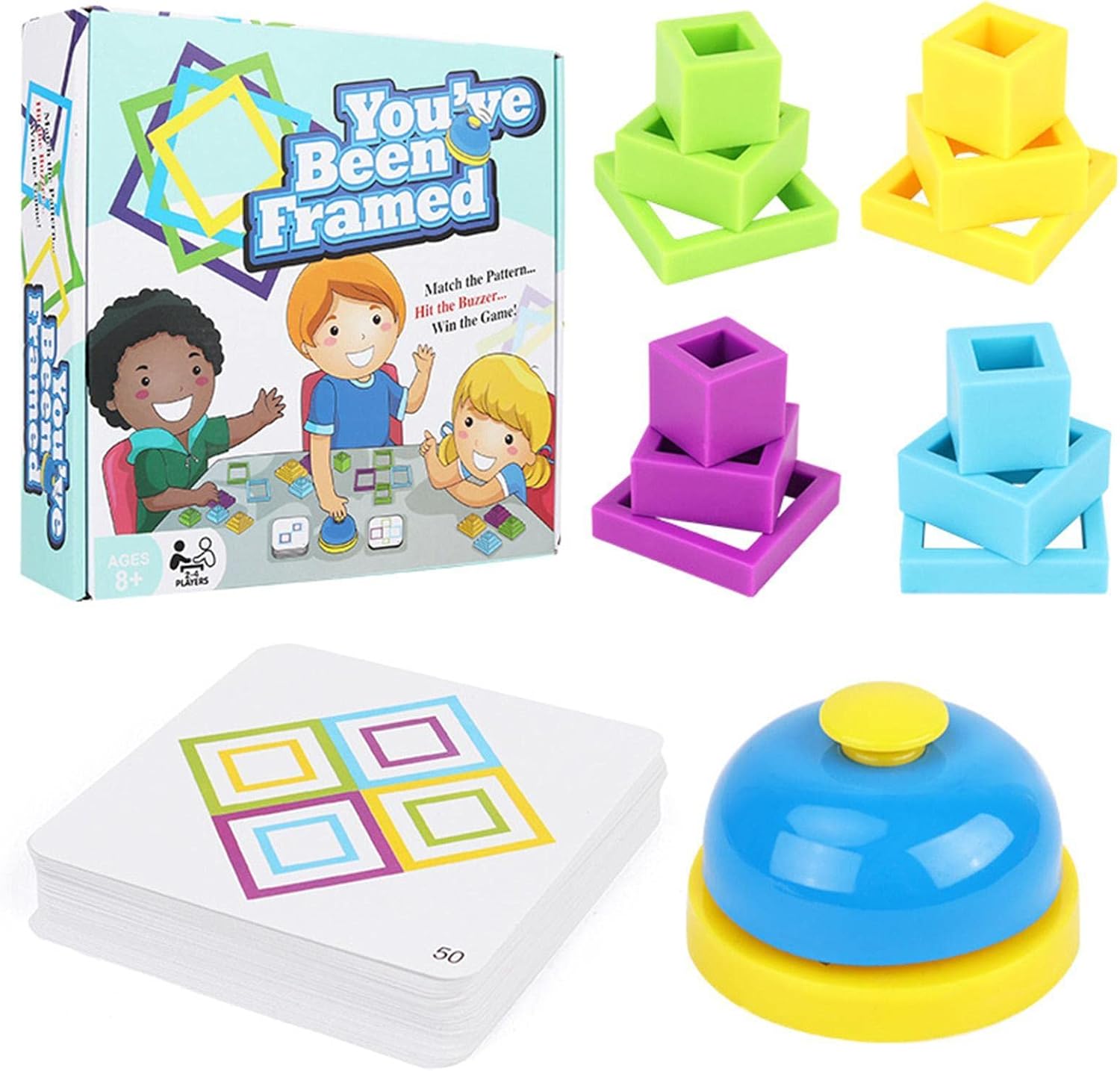 Fidtoy You Have Been Framed Intelligence Game, Pattern Matching Puzzle Game with Colorful Frames, 50 Double-Sided Cards and Buzzer-Style Play for 2-4 Players Ages 6+