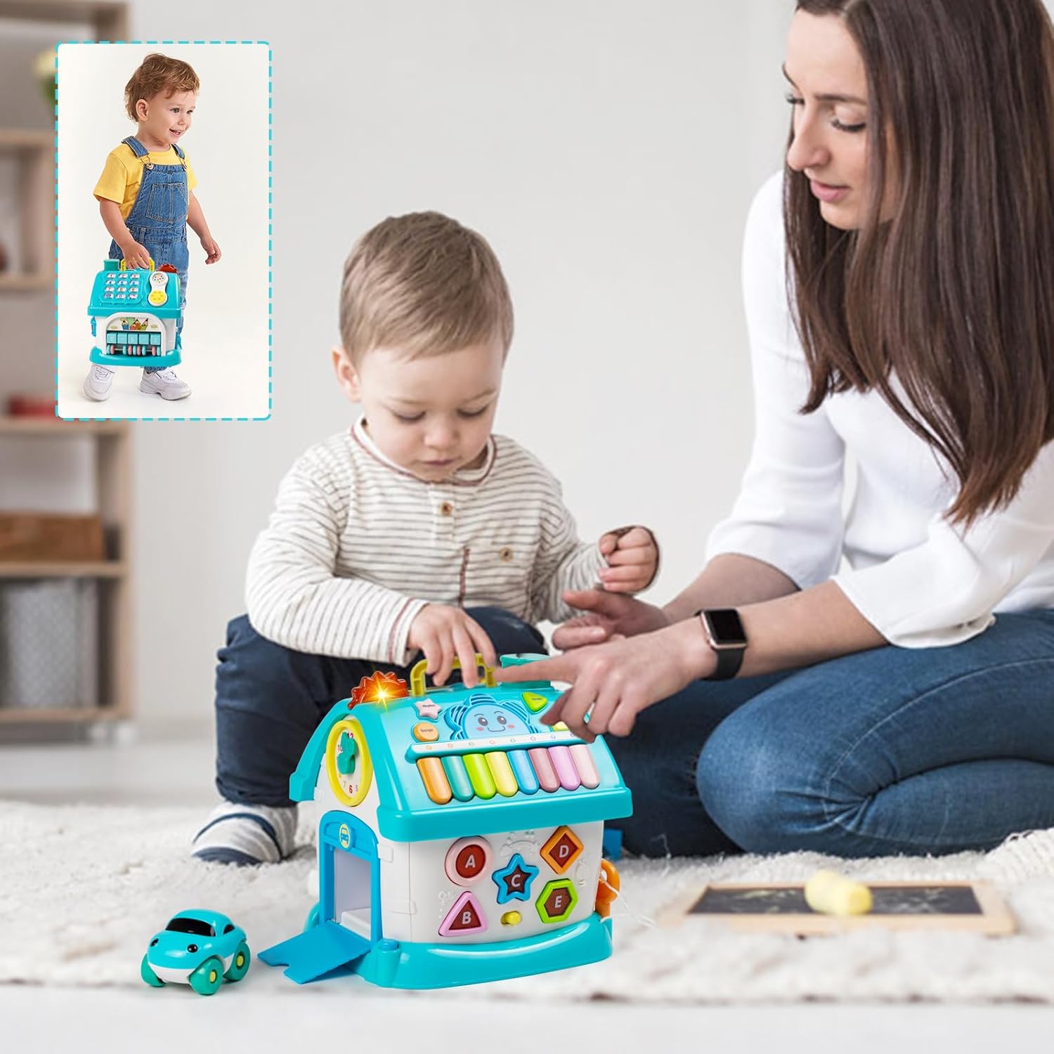 Fidtoy Dreaming Party Musical House Toddler Learning Toy 8-in-1 Musical Activity House with Piano, Clock, Phone, Animal Windows, Car, Shapes and Numbers