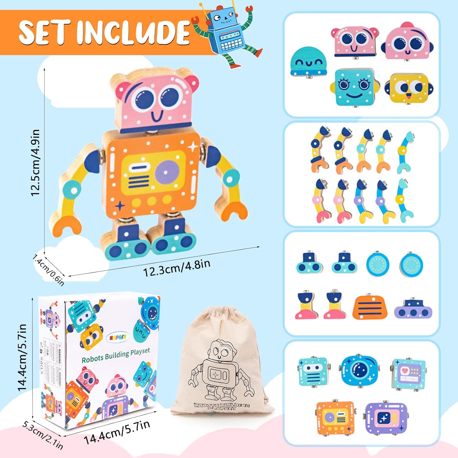 Fidtoy Robot en Bois Jouet de Construction à Assembler pour Enfants