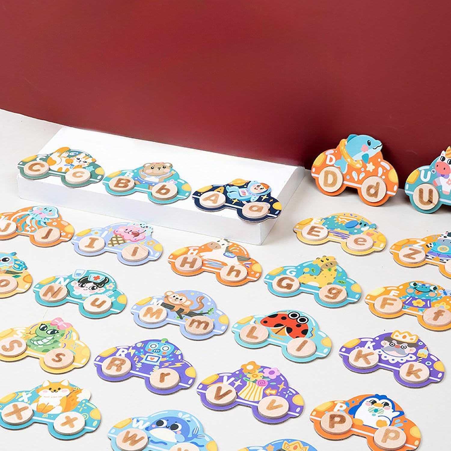 Fidtoy Wooden Animal Letters Car Cognitive Matching Card for Kids | Alphabet Spelling Car Game, Animal Recognition, Letter Learning, Word Matching, Fine Motor & Parent-Child Toy Age 3+