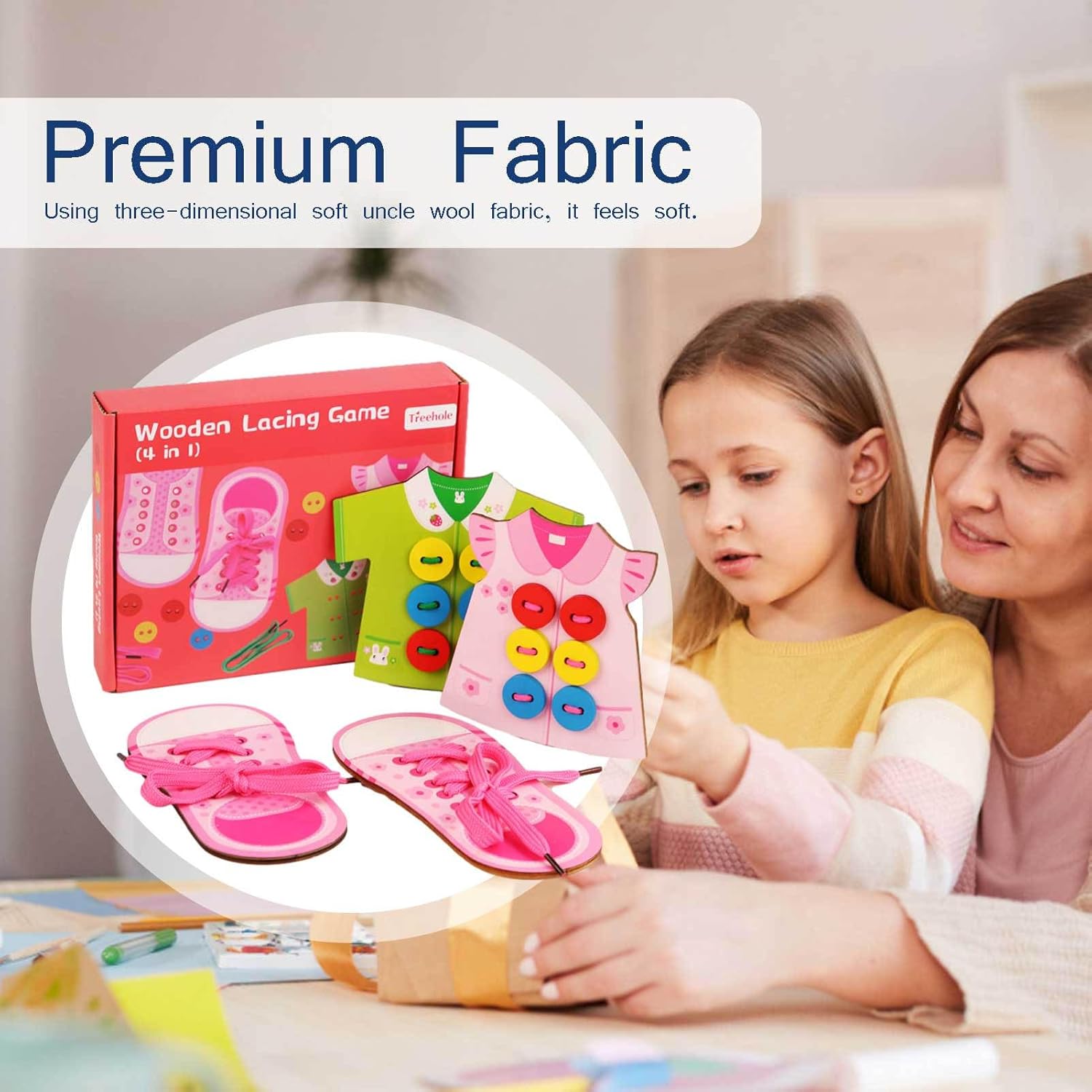 Shoe Tying Practice Toy | 4 in 1 Wooden Lacing Toy | Hand Eye Coordination Threading Toy, Educational Preschool, Girls, Kids