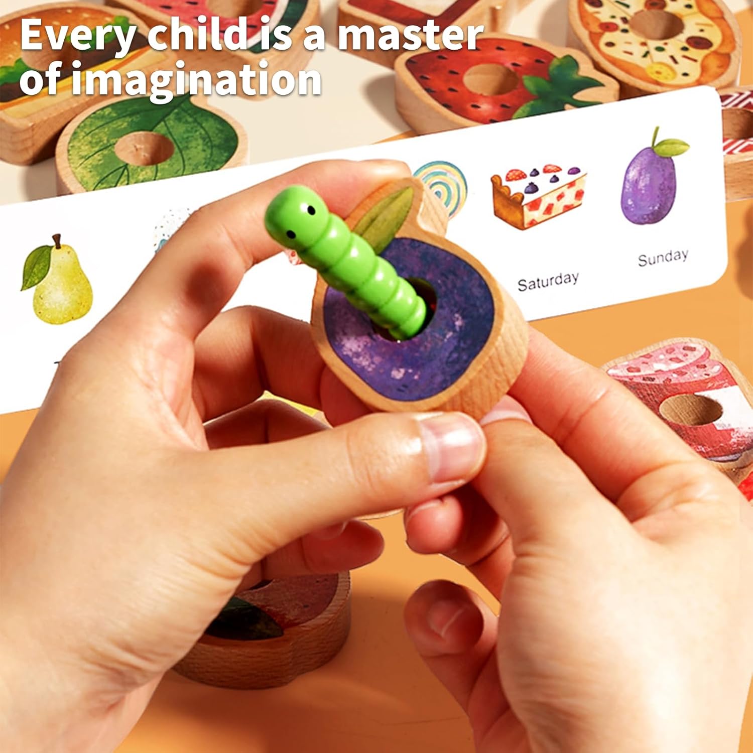 Wooden Greedy Caterpillar Rope Toy, Educational String Beaded Toys, Fruit & Vegetable Caterpillar Lacing Bead String Game, Montessori Fine Motor Skills Farm Toys for 3+ Year Old