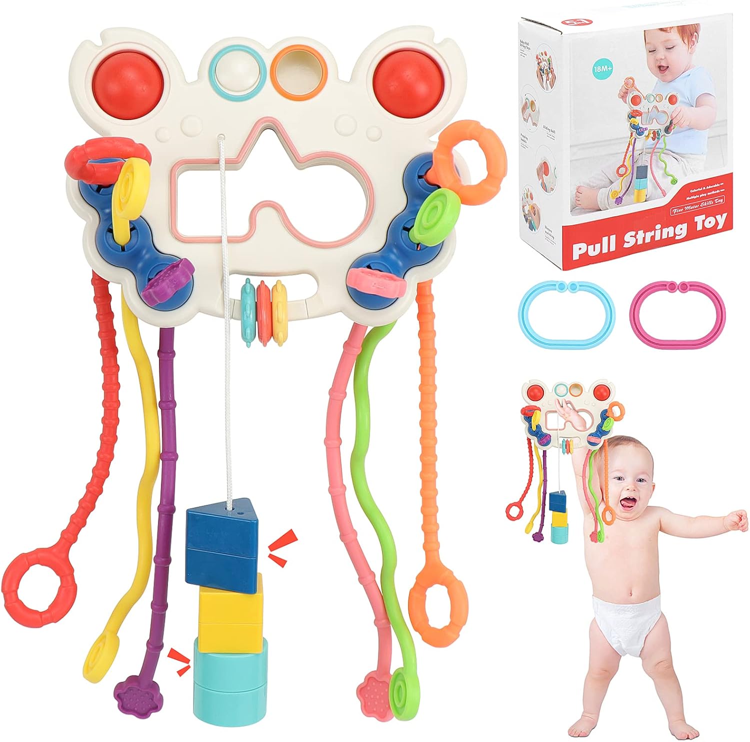 Fidtoy 5-in-1 Pull String Motor Skills and Sensory Activity Toy for Babies, Crab-Shaped Silicone Pull Toy with Press Buttons, Textures, Fine Motor and Travel Play Age 0–2