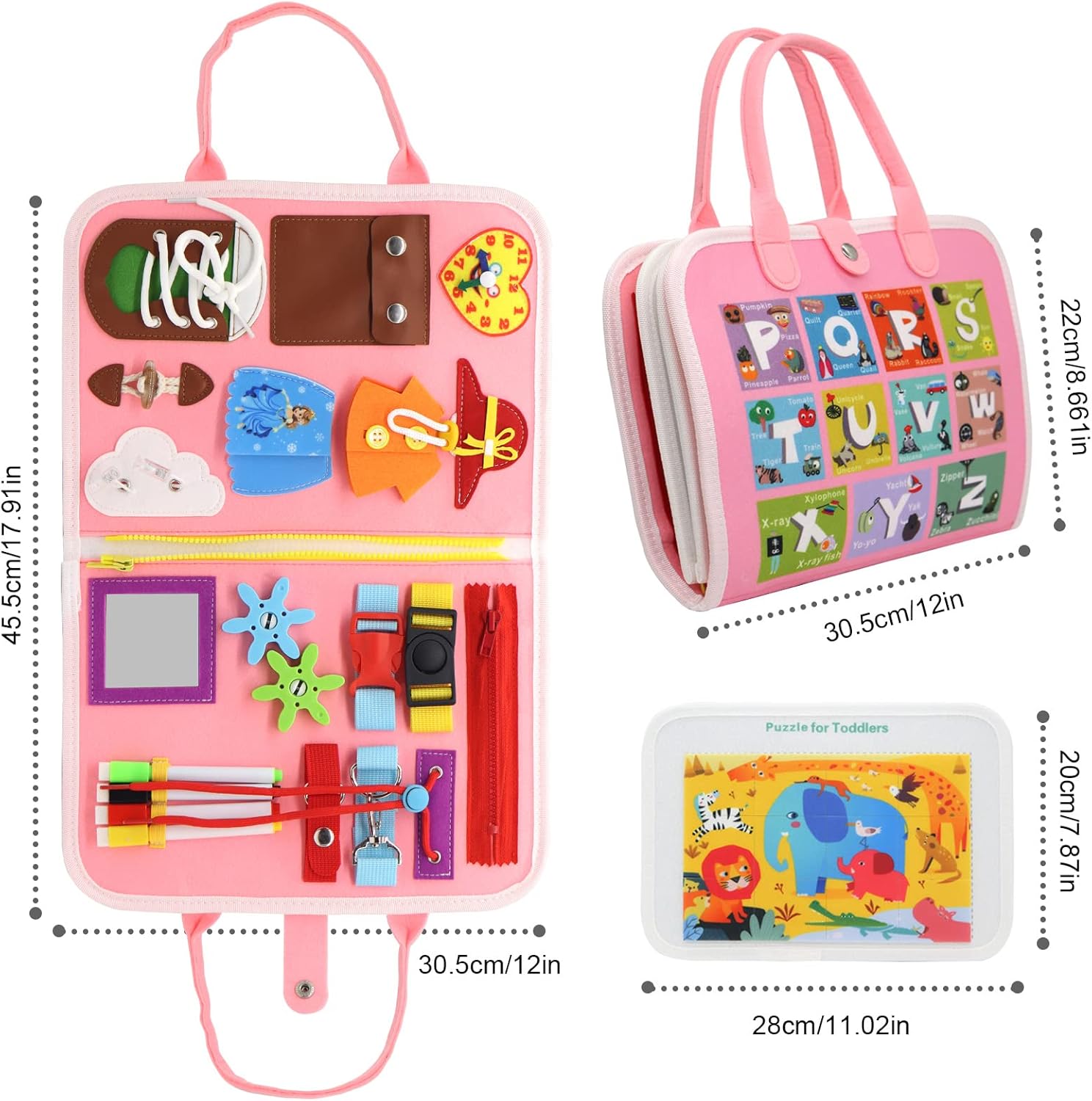 Busy Board Montessori Toys for Toddlers Sensory Board Toys,Preschool Activities Educational Toys for Toddlers Travel,Gifts for 3+ Year Old Boys Girls - Pink