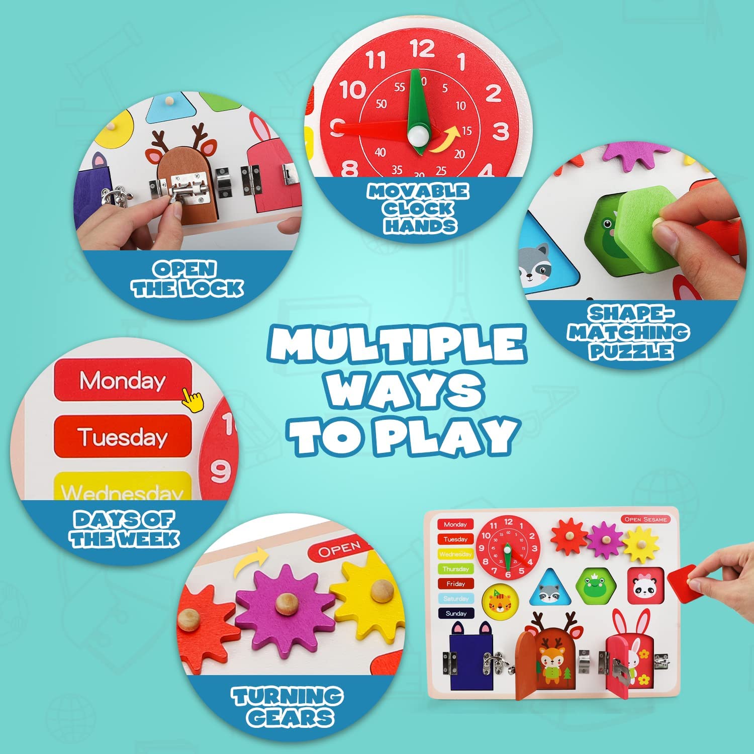 Fidtoy Wooden Busy Board with Locks Clock and Shape Puzzles