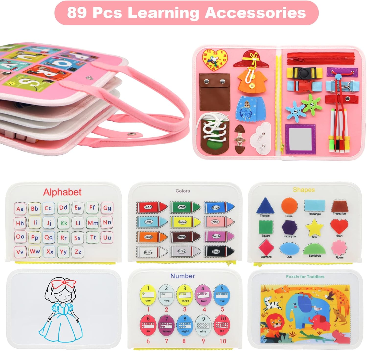 Busy Board Montessori Toys for Toddlers Sensory Board Toys,Preschool Activities Educational Toys for Toddlers Travel,Gifts for 3+ Year Old Boys Girls - Pink