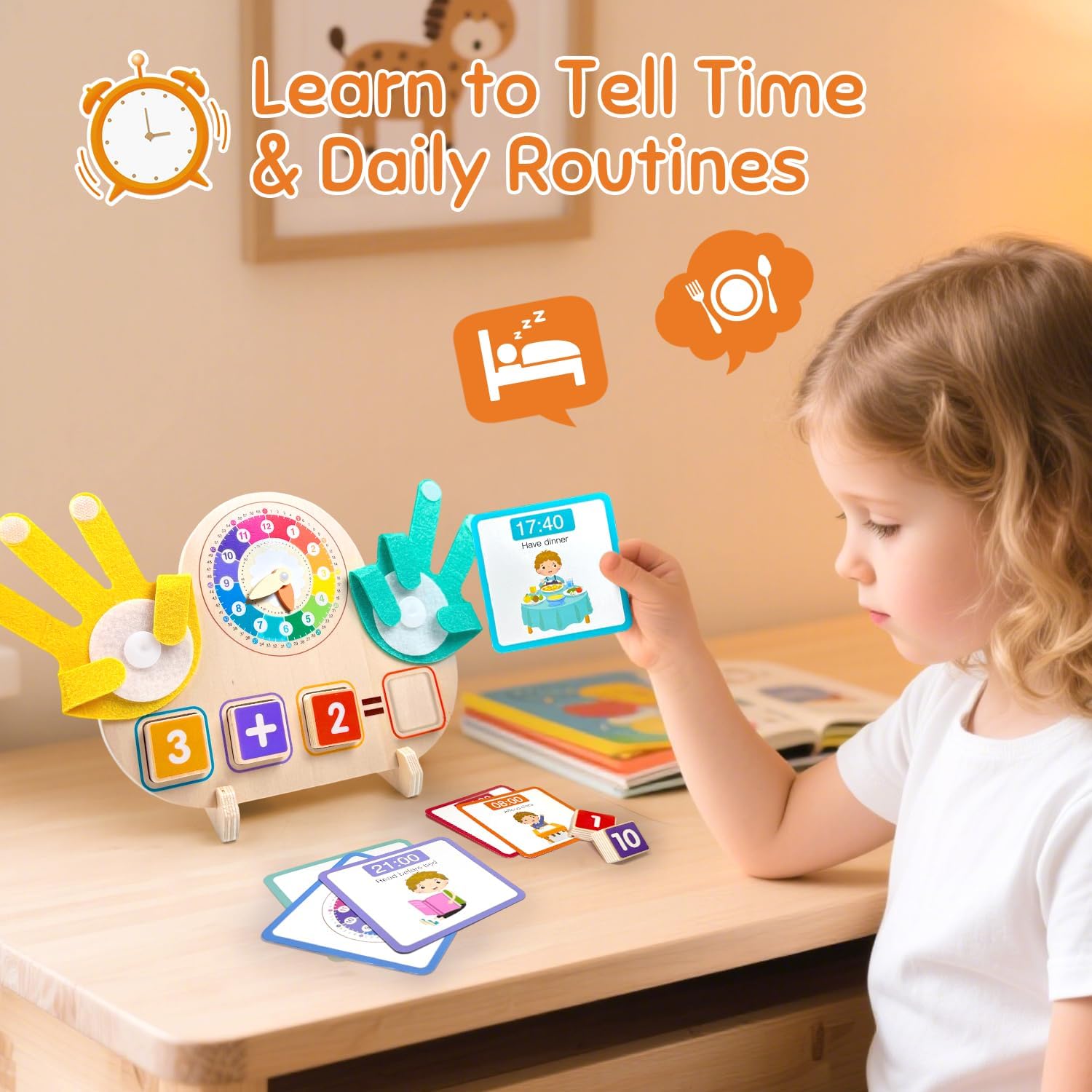 Montessori Math & Clock Learning Toy for Kids Ages 3-5, Wooden Educational Toy with Number Blocks, Counting Hands & Routine Cards – Learn Addition