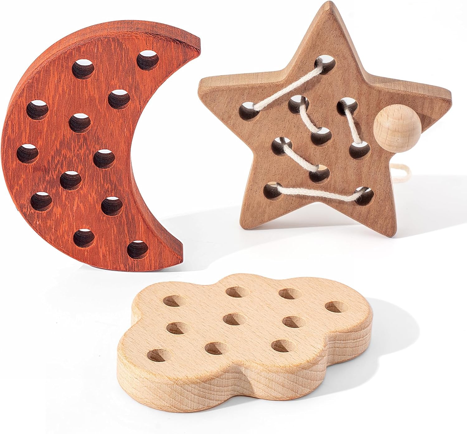 FlameFlash Wooden Lacing Toys for Toddlers 1-3 Solid Wood Threading Toys, Moon/Stars/Cloud Quiet Toddler Toys for Airplane Travel Fine Motor Skills Sensory Toys for 2 3 4 Year Old (Natural Wood)