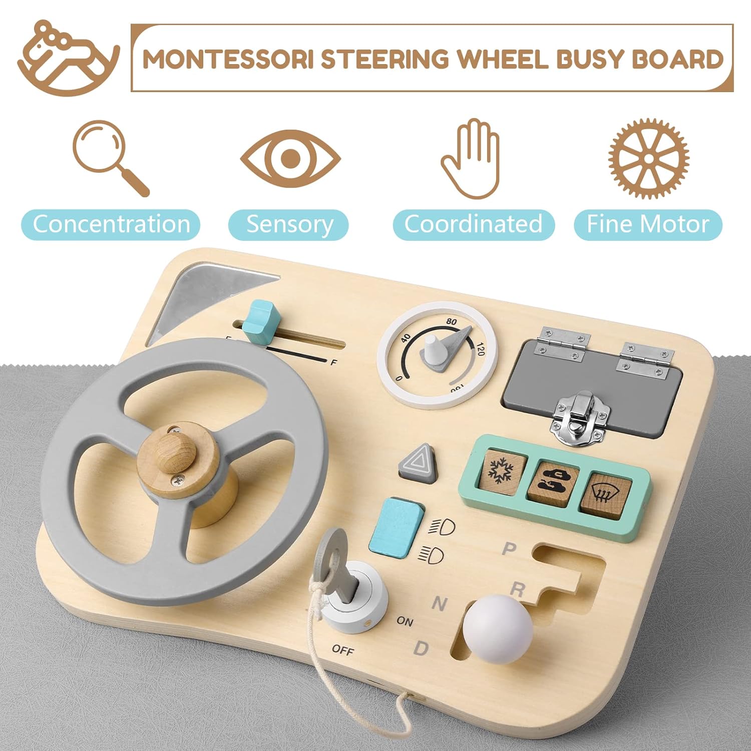 Woodtoe Busy Board for Toddlers, Montessori Steering Wheel Driving Toy, Wooden Sensory Toys, Preschool Learning Activities for Fine Motor Skills Travel, Educational Learning Toy for Kids 3-6 Years Old