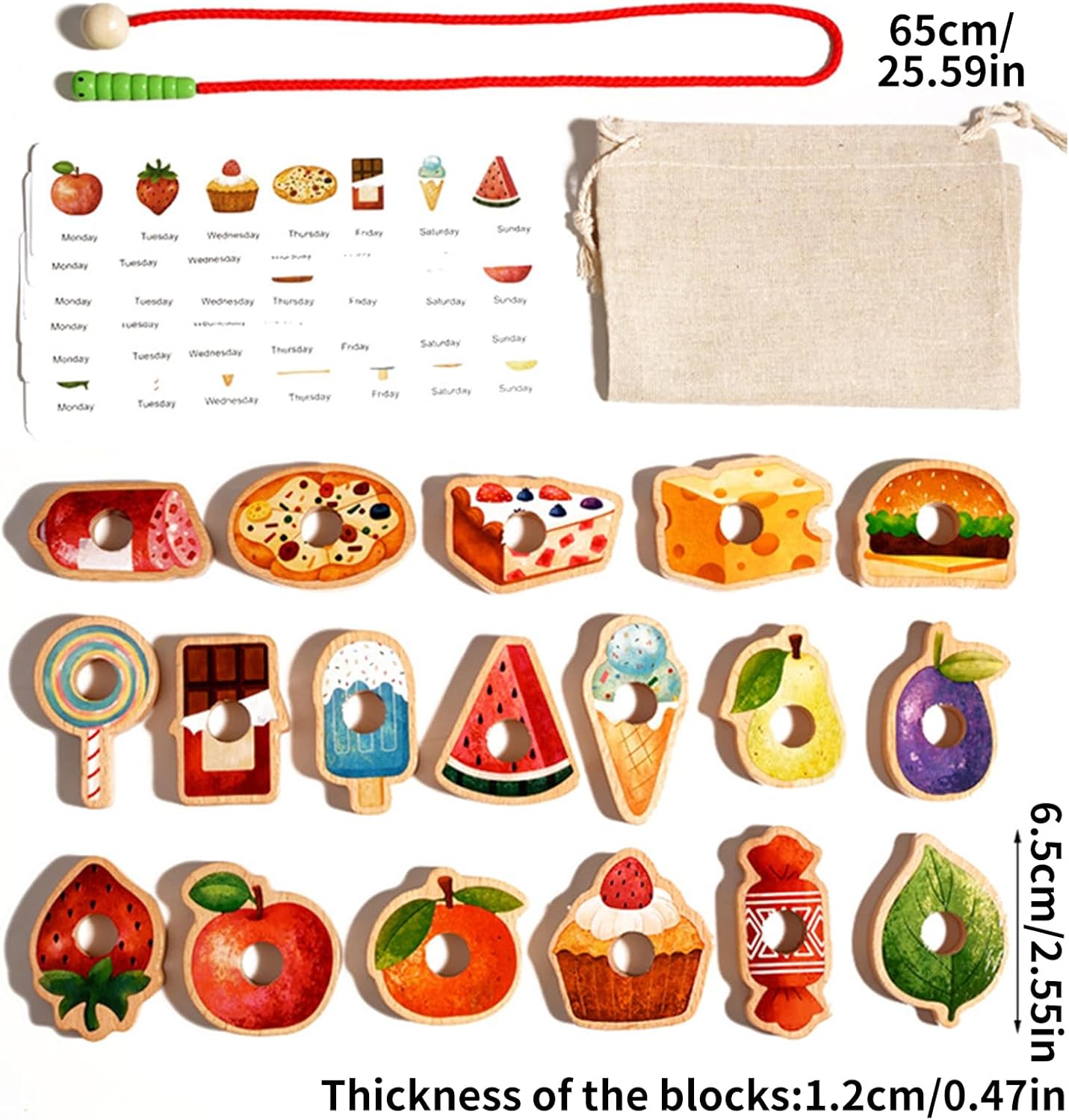 Wooden Greedy Caterpillar Rope Toy, Educational String Beaded Toys, Fruit & Vegetable Caterpillar Lacing Bead String Game, Montessori Fine Motor Skills Farm Toys for 3+ Year Old