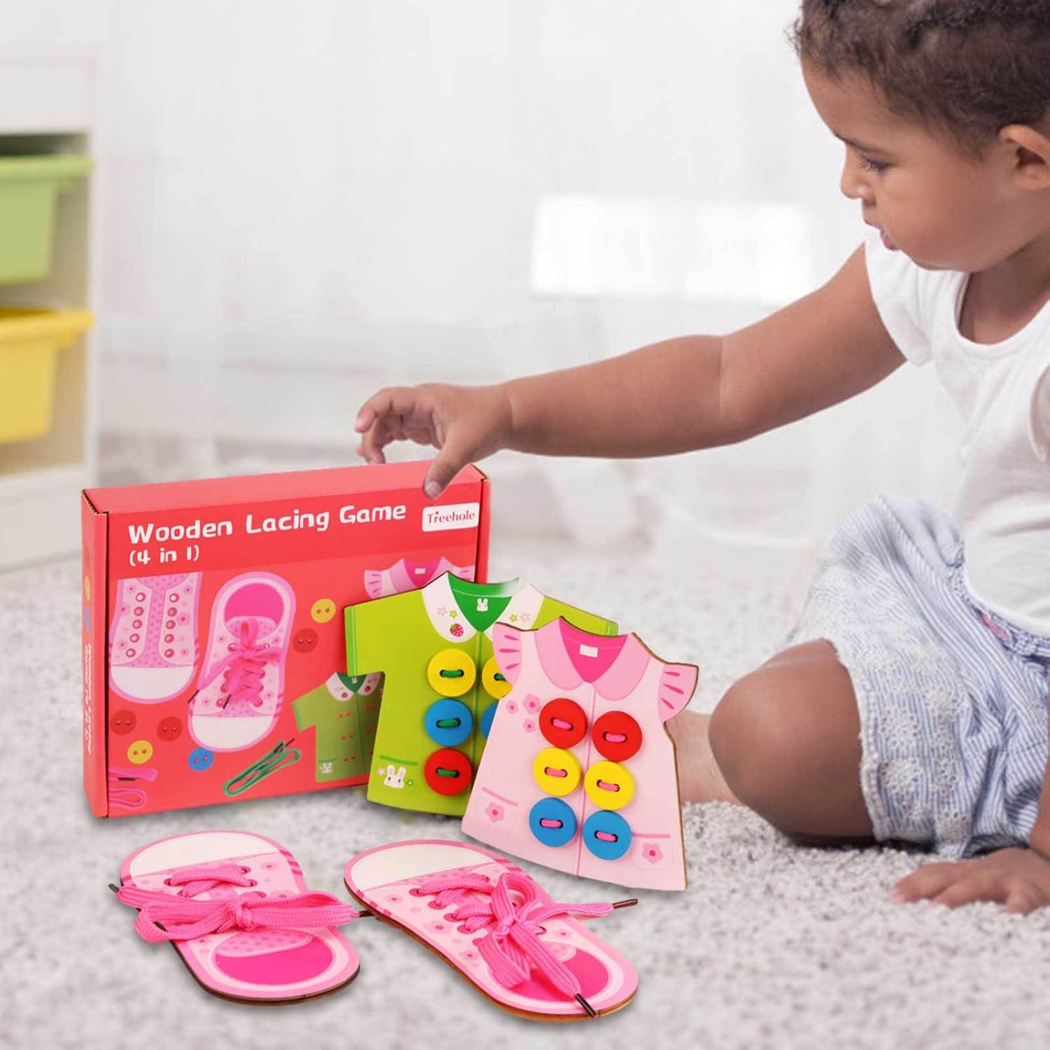 Shoe Tying Practice Toy | 4 in 1 Wooden Lacing Toy | Hand Eye Coordination Threading Toy, Educational Preschool, Girls, Kids