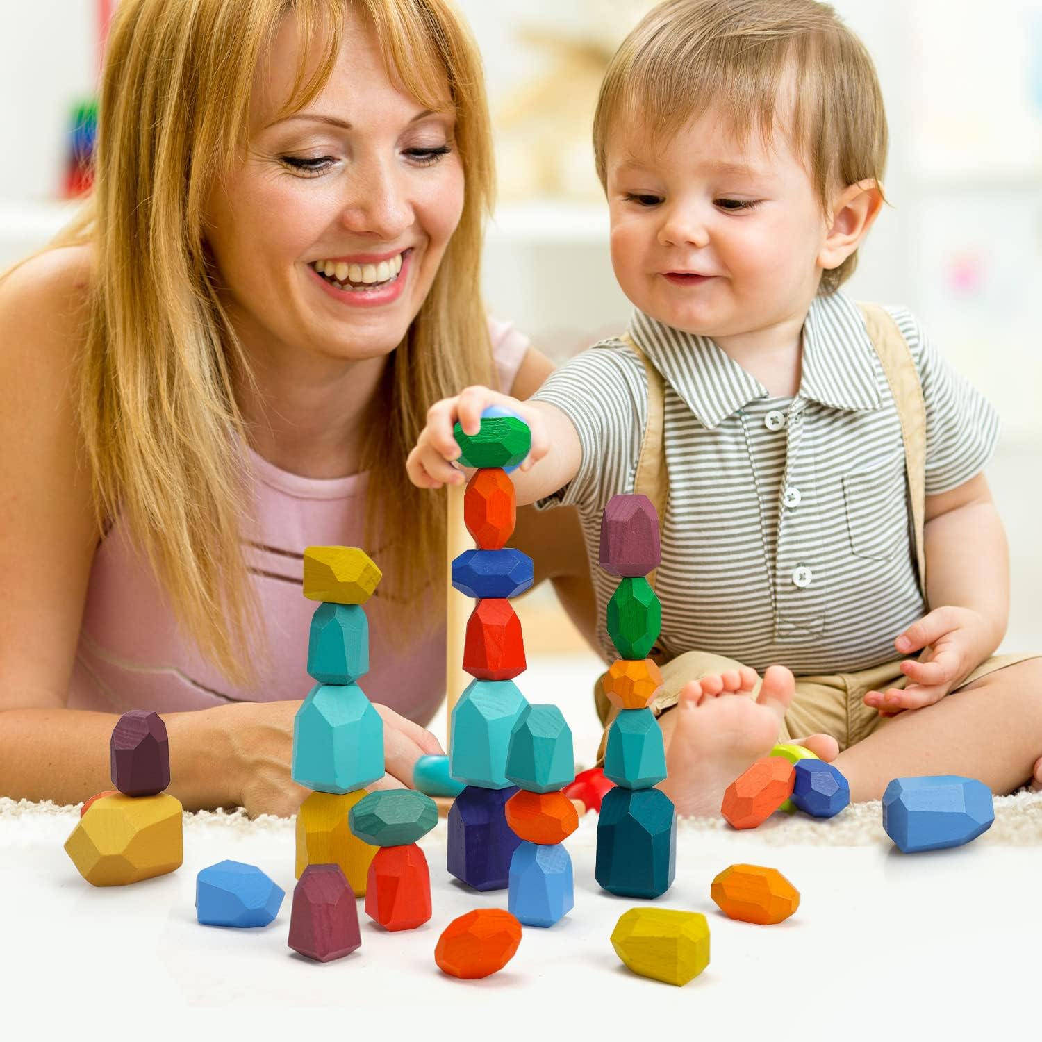 Fidtoy Juego de juguetes de madera apilables con arcoíris para bebés y niños pequeños