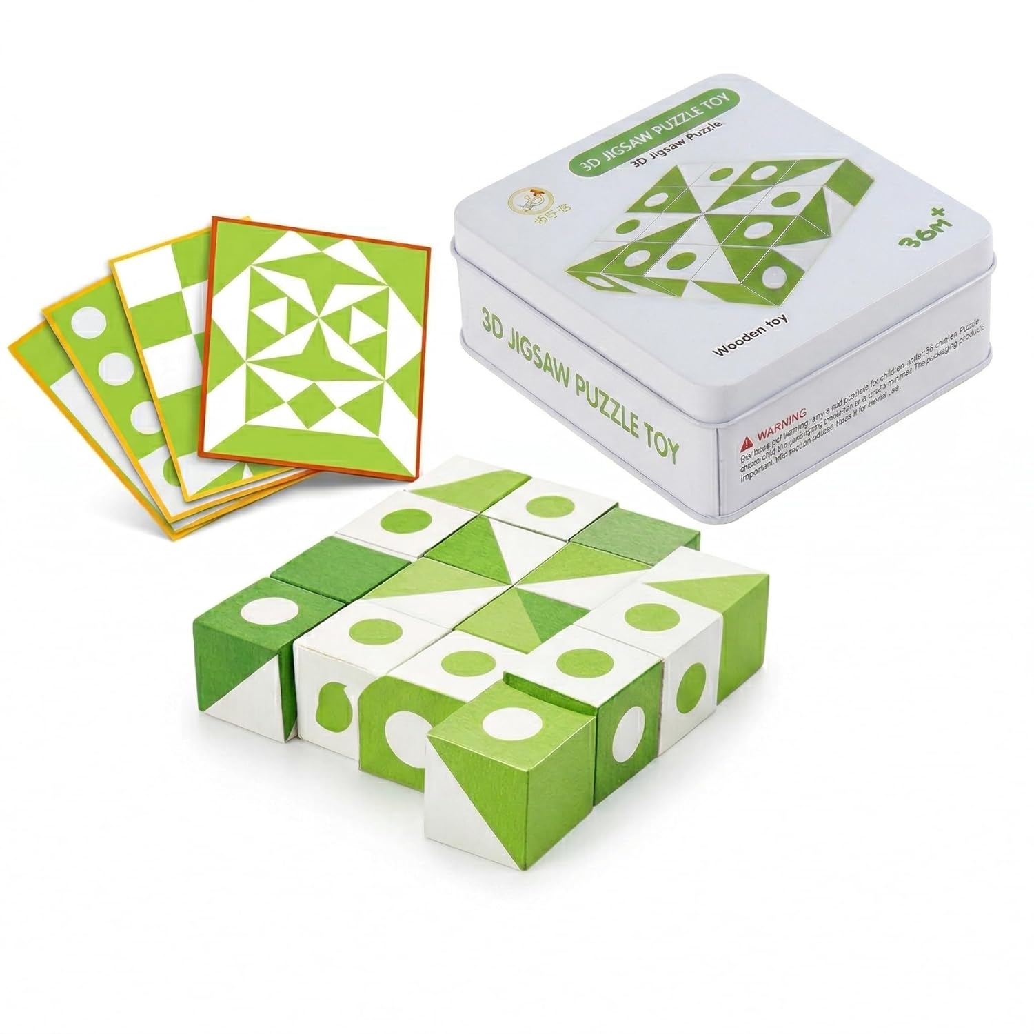 Fidtoy Wooden 3D Montessori Geometry Pattern Blocks Puzzle for Kids | 16 Wooden Cubes, 60 Challenge Cards, Pattern Matching, Spatial Reasoning, Memory & Family Brain Game Age 3+