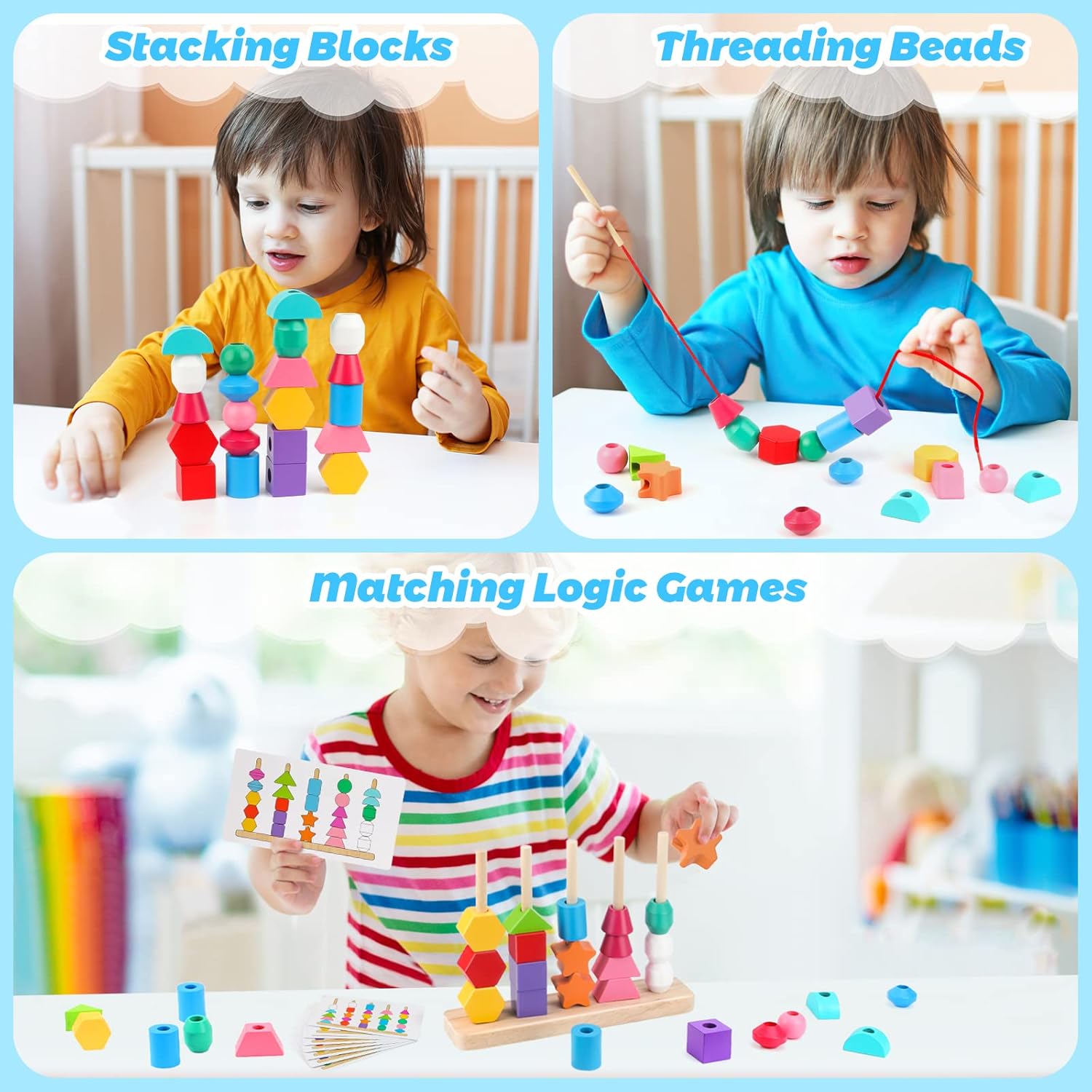 Fidtoy Wooden Blocks and Beads Learning Toy for Toddlers