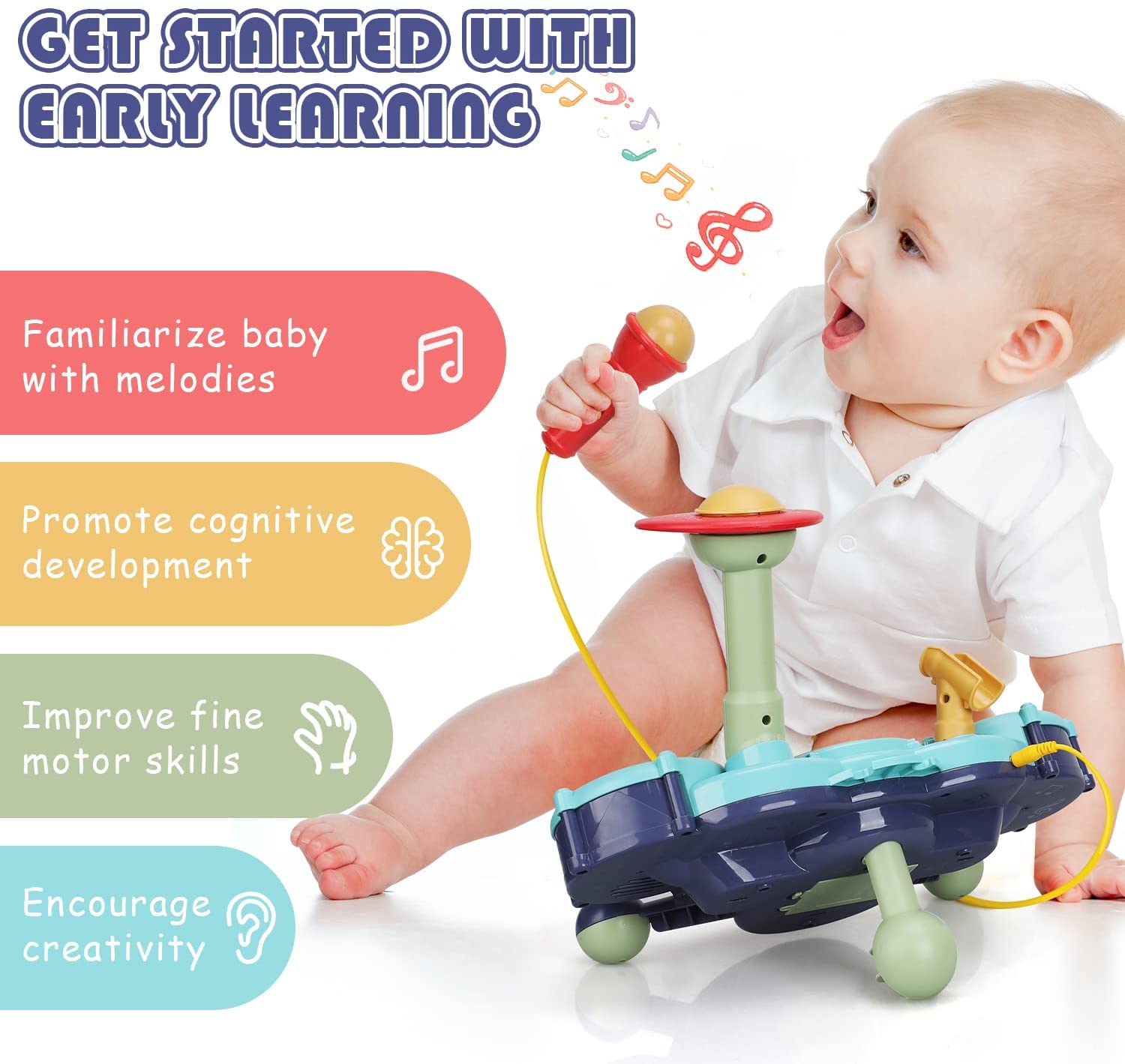 Fidtoy 5 in 1 Musical Drum Set Toy for Toddlers 1-3 Early Learning Instrument