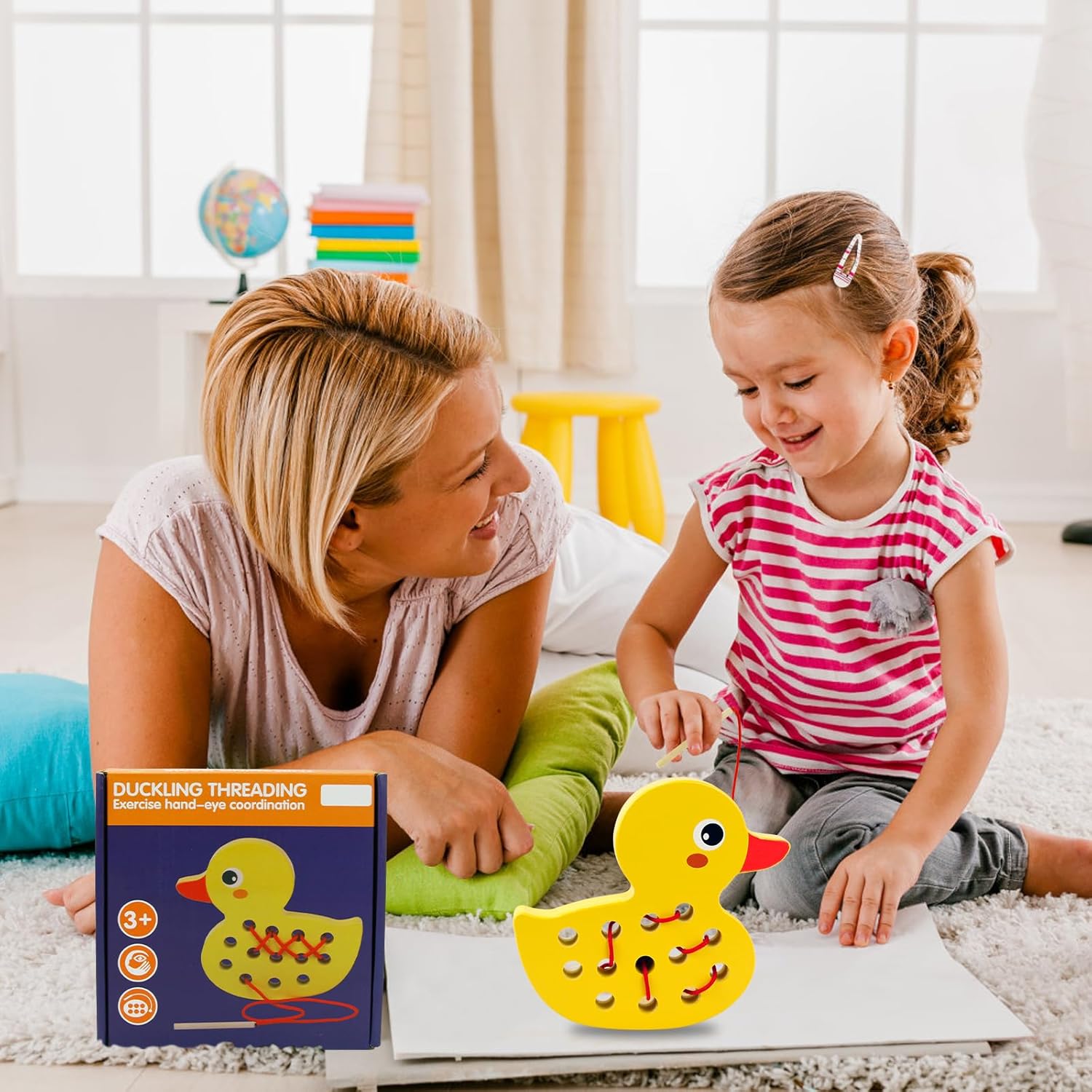 Sealive Wooden Lacing Toys for Toddlers - Fun and Educational Threading Set | Develop Fine Motor Skills | Durable Montessori Toy for Travel (Duck)