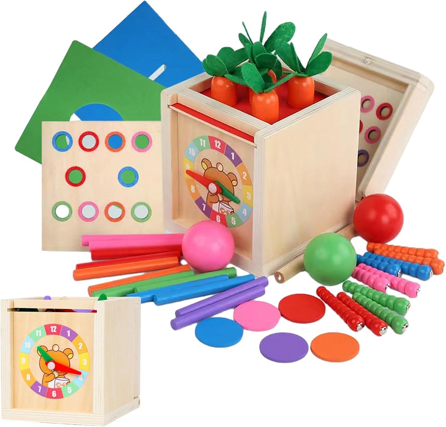 Fidtoy 6-in-1 Montessori Early Education Intelligence Multi-functional Box for Toddlers, Object Permanence Learning Box with Coin Matching, Carrot Pulling, Bug Catching and Clock Learning