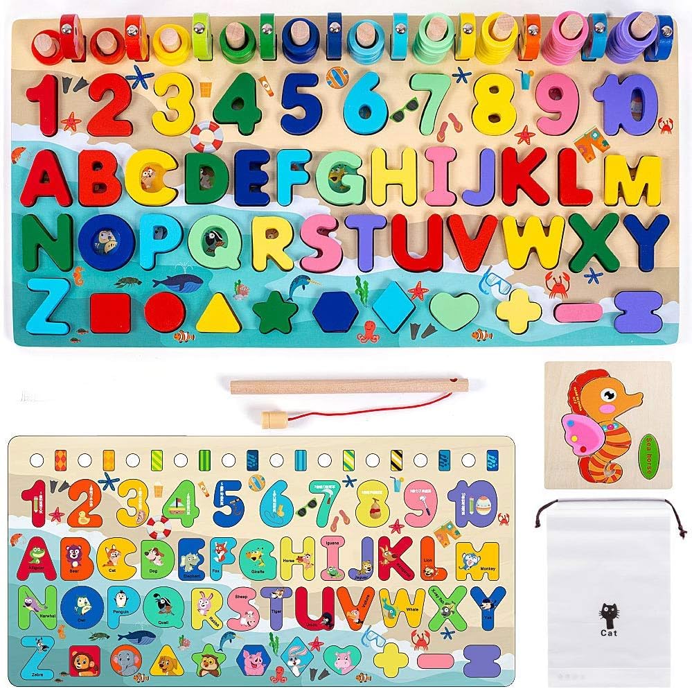 Speedy Panther Wooden Number Alphabet Puzzle Sorting Montessori Toys for Toddlers Shape Counting Game for Age 3 4 5 Year olds Kids - Preschool Education Math Stacking Blocks Learning Toy
