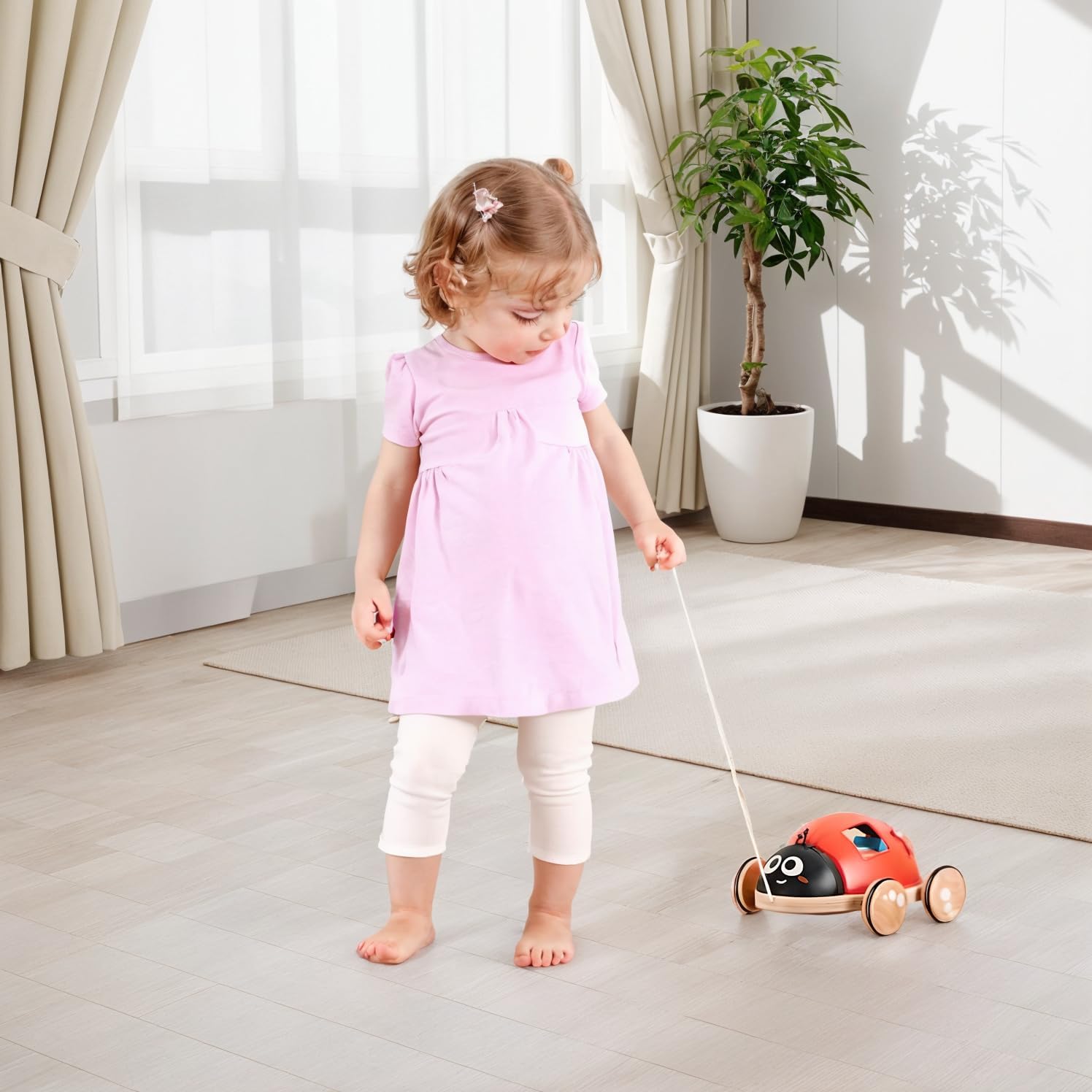 Fidtoy Wooden Ladybug Pull Along Shape Sorting Toy for Toddlers