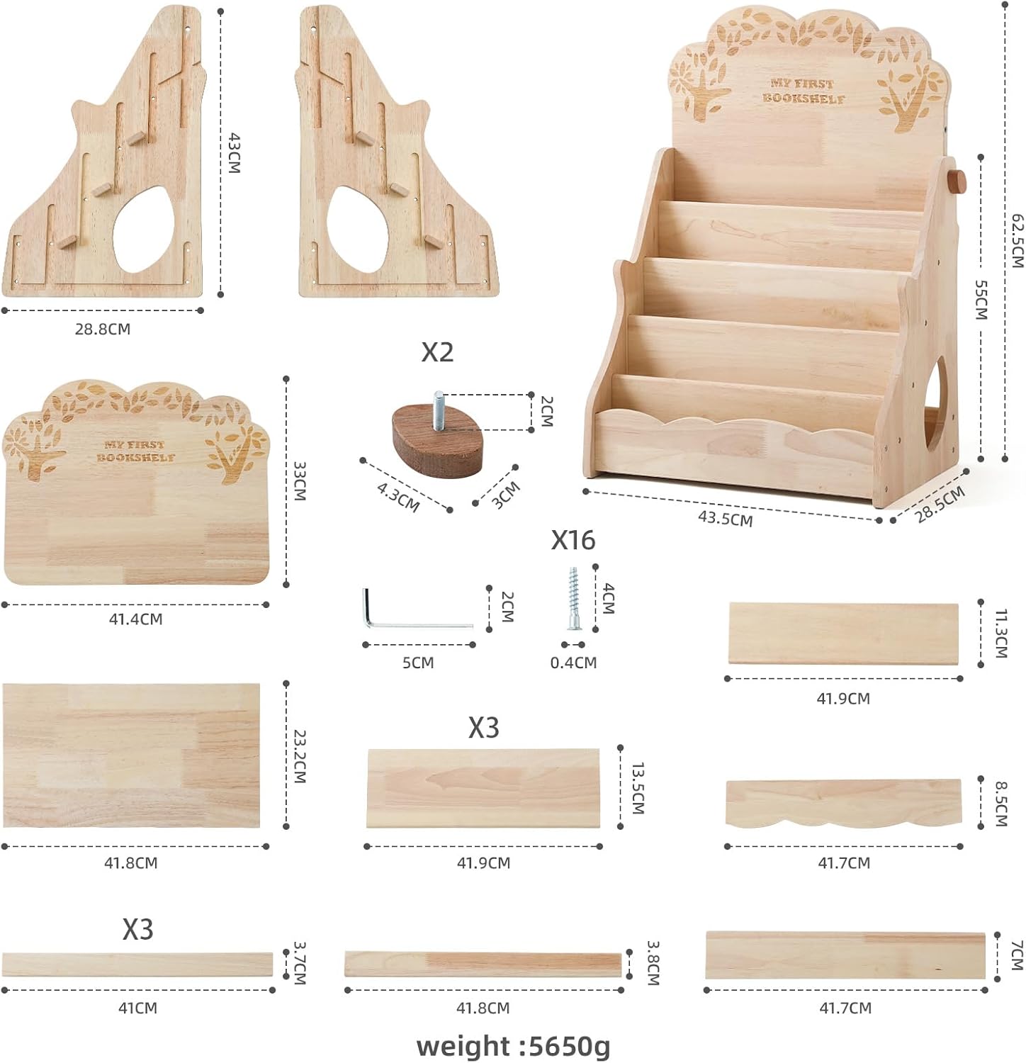 WOODEN TEETHER 5-Tier Montessori Bookshelf for Kids - Durable Rubber Wood Bookcase with Chalkboard & Storage - Display Rack for Nursery & Kids Room