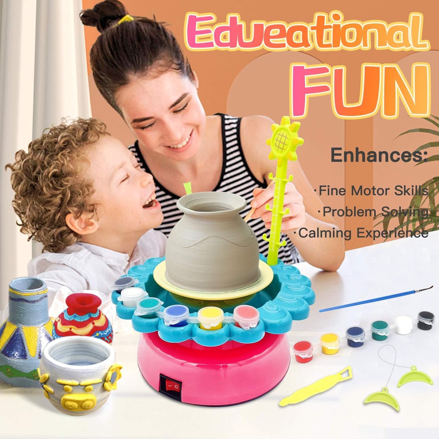 Fidtoy Electric Pottery Wheel Kit for Kids with Clay and Paints
