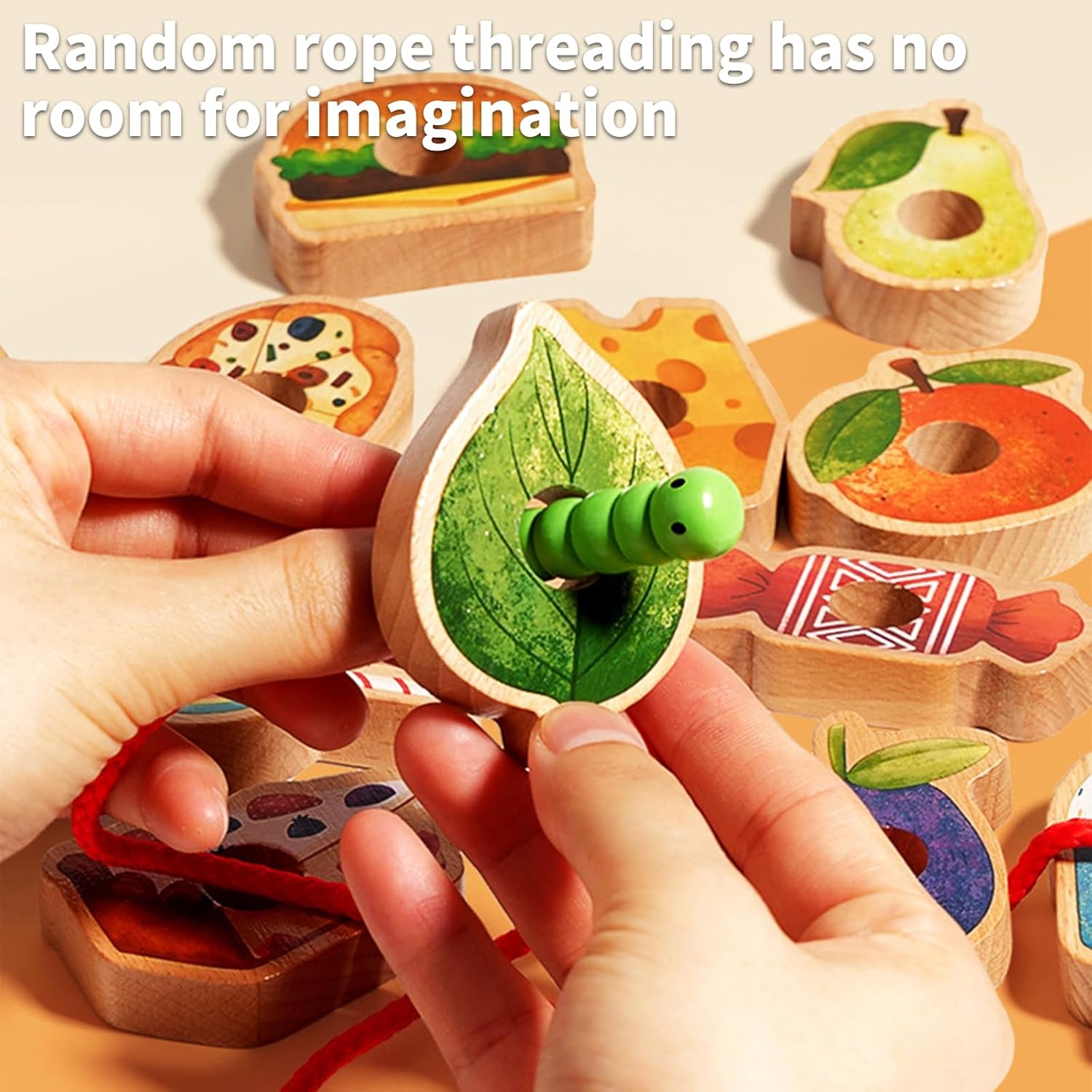 Wooden Greedy Caterpillar Rope Toy, Educational String Beaded Toys, Fruit & Vegetable Caterpillar Lacing Bead String Game, Montessori Fine Motor Skills Farm Toys for 3+ Year Old